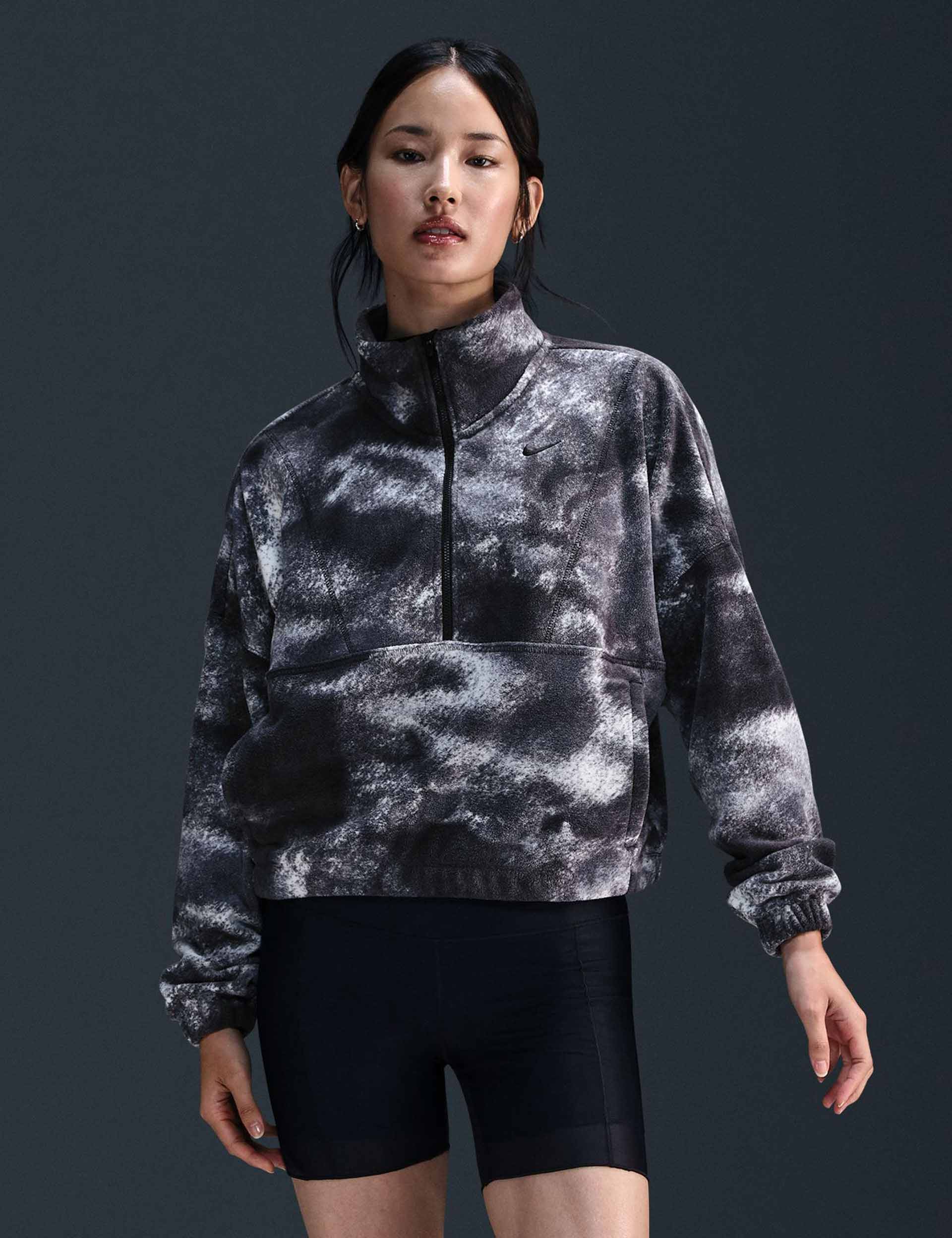 Oversized 1/2 Zip Fleece Printed Pullover Top for Women - Black | Cozy Winter Loungewear & Casual Outfit Essential