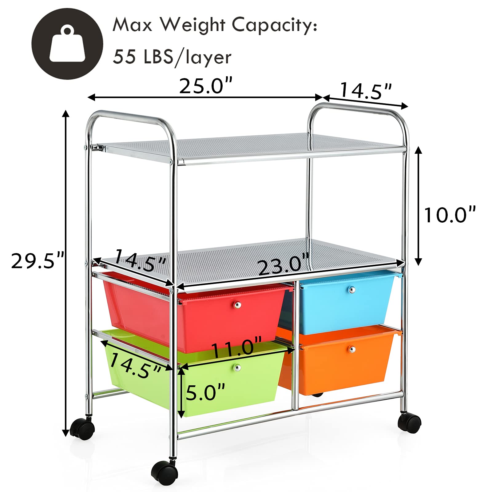 4-Drawer Rolling Cart with 2 Shelves - Mobile Storage Organizer for Home Office & Salon
