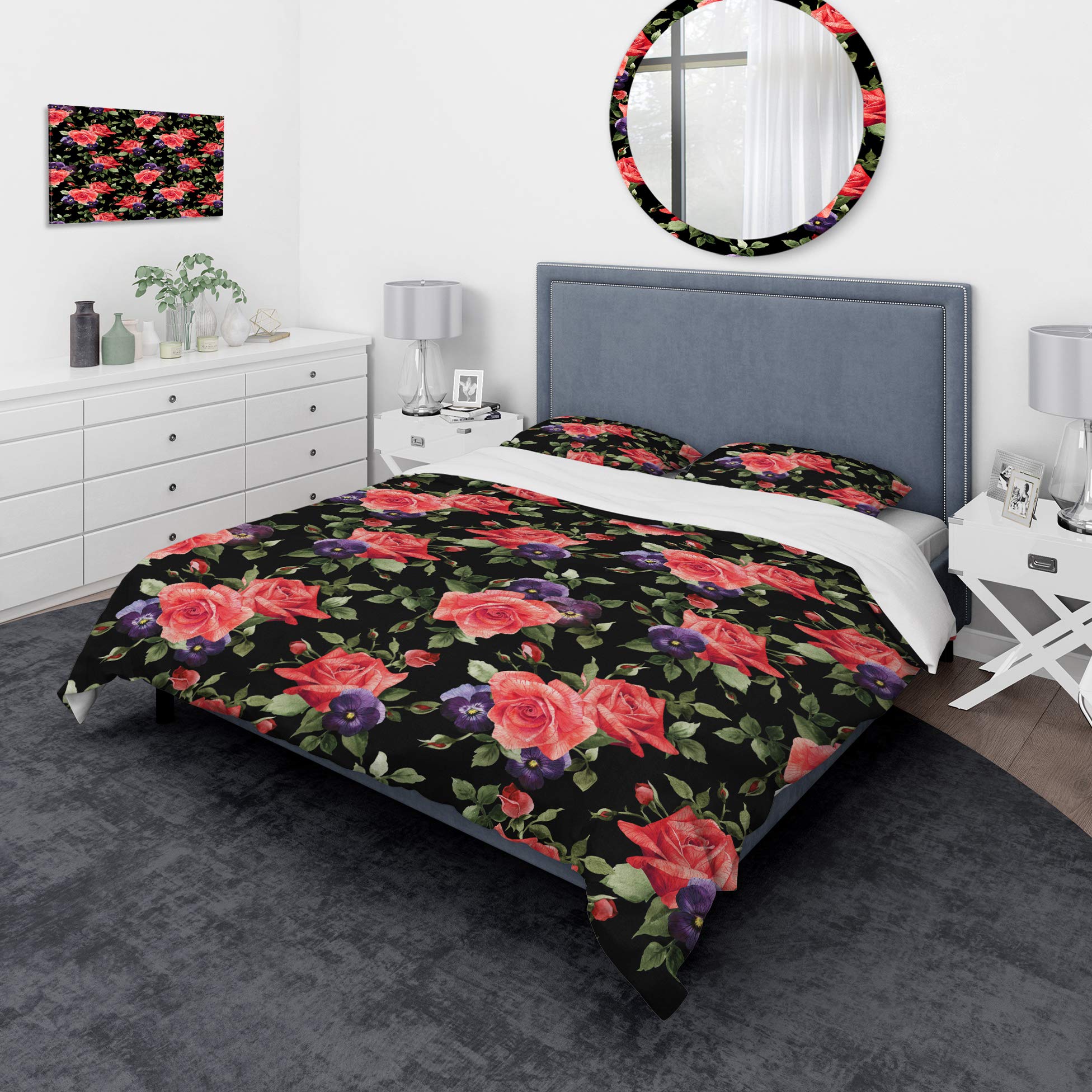 DesignQ Pansy Flowers Rose Patterns Nautical & Coastal Duvet Cover Set - Black Twin Size Floral Bedding 3-Piece Set for All Seasons | Perfect for Beach House, Guest Room & Coastal Themed Bedroom Decor