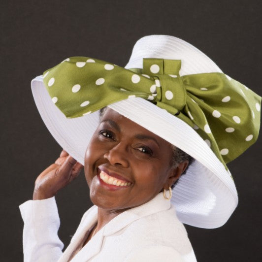 NA1064 White Satin Ribbon Church Hat with Large Polka Dot Bow - Elegant Year-Round Women's Headwear for Weddings, Easter, Sunday Services & Special Occasions