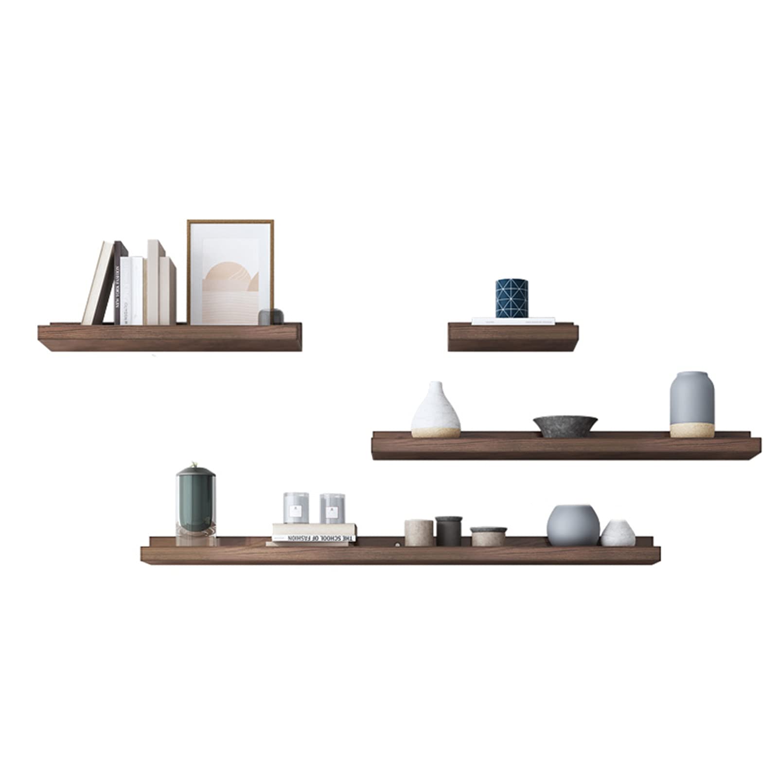 Set of 4 Floating Shelves - Walnut Wall Mounted Bookshelves, Easy Install Storage & Display Shelves for Living Room, Office, Bedroom | Space-Saving Home Decor & Organizer for Books, Plants & Decorative Items
