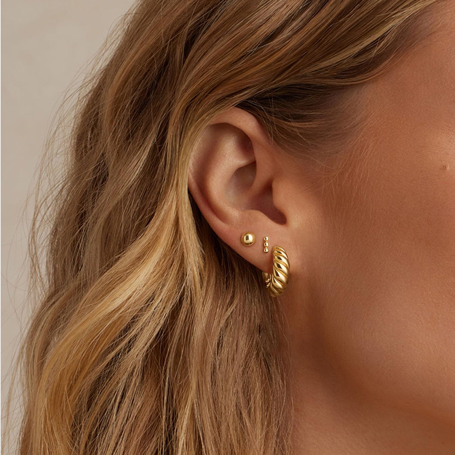 3 Pairs 14K Gold Plated Hoop Earrings Set for Women - Dainty Stud, Small Dangle & Cartilage Huggie Earrings - Hypoallergenic Trendy Gold Jewelry - Perfect Gift for Her, Everyday Wear & Special Occasions