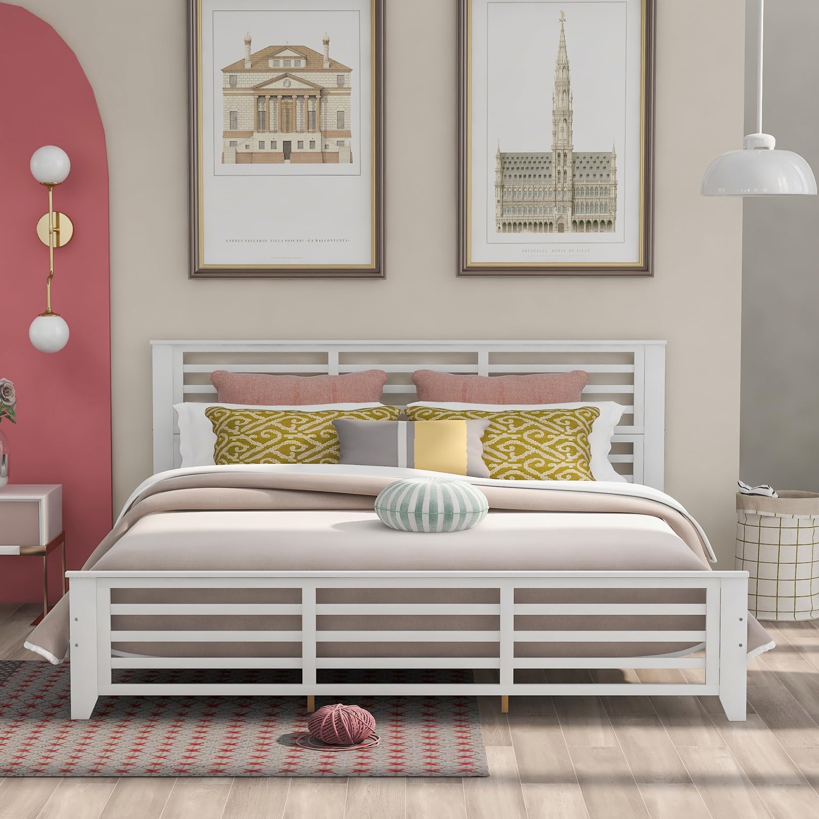 King Size Wooden Platform Bed Frame with Horizontal Strip Hollow Headboard - Solid Wood Slat Support, Modern Country Style Bedroom Furniture for Boys & Girls - Easy Assembly (White) | Perfect for Master Bedrooms, Guest Rooms & Kids' Rooms