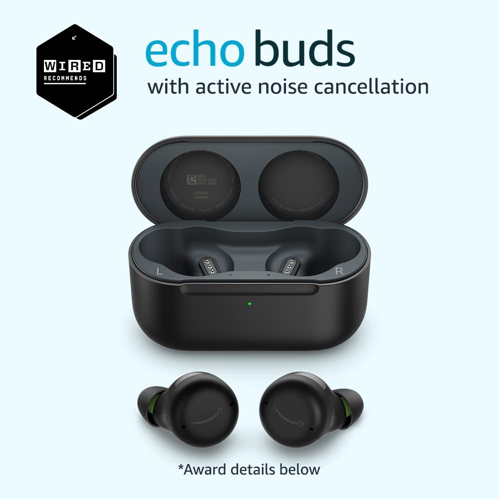 Amazon Echo Buds (2nd Gen) with Active Noise Cancellation - Wireless Bluetooth Earbuds with Wired Charging Case, Black - Perfect for Workouts, Commuting & Travel
