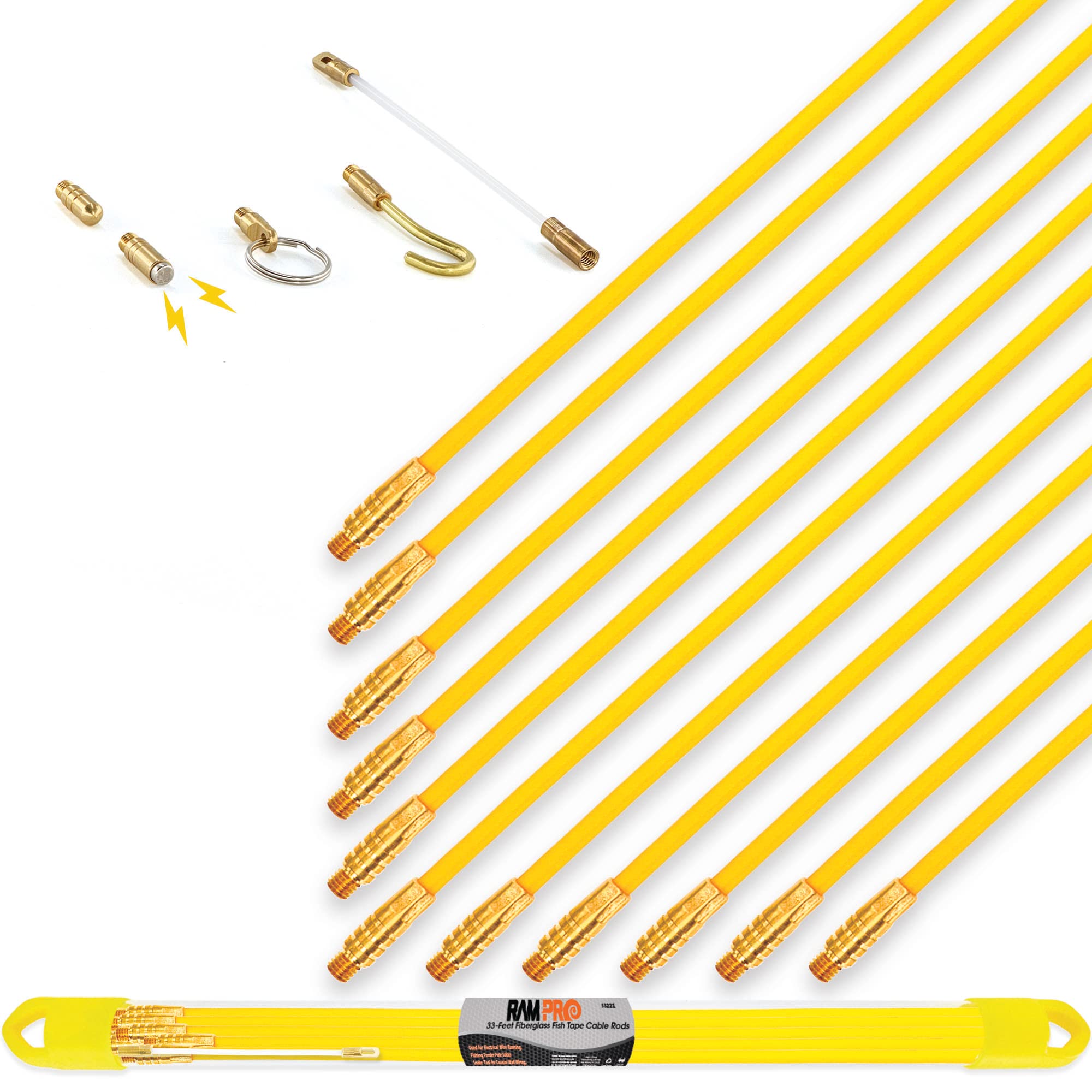 33' Fiberglass Fish Tape Wire Puller - Flexible Electrical Wire Pulling Tool for Fishing Cables Through Walls, Conduits & Tight Spaces - Ideal for Electricians, DIY Home Installations & Professional Wiring Projects