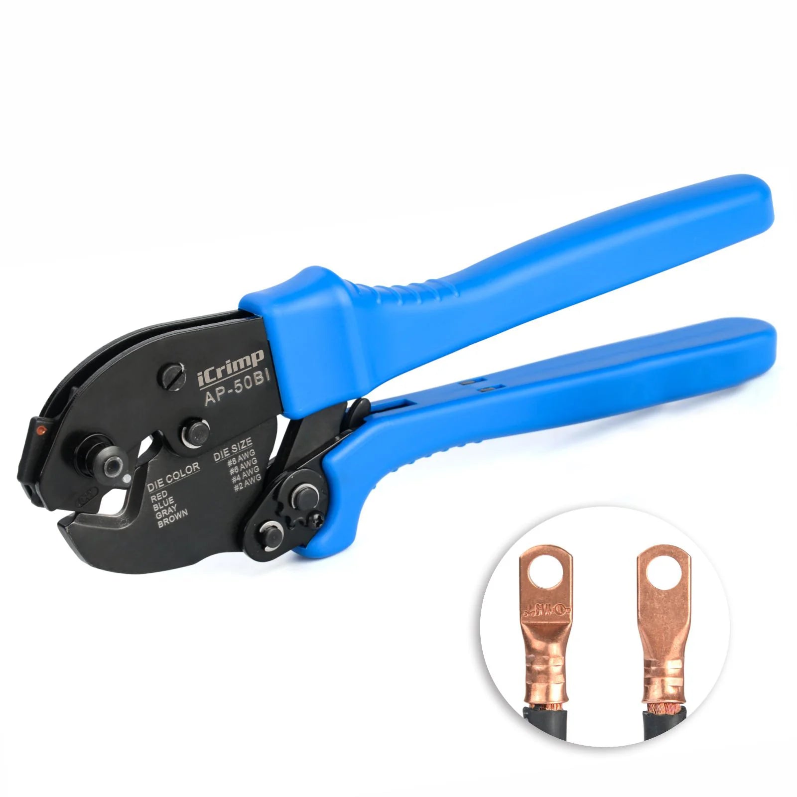AP 50BI Heavy Duty Battery Cable Terminal Lug Crimper Tool for 8, 6, 4, 2 AWG Copper Cable Lugs - Professional Battery Cable Ends Crimping for Automotive, Marine, and Solar Power Applications