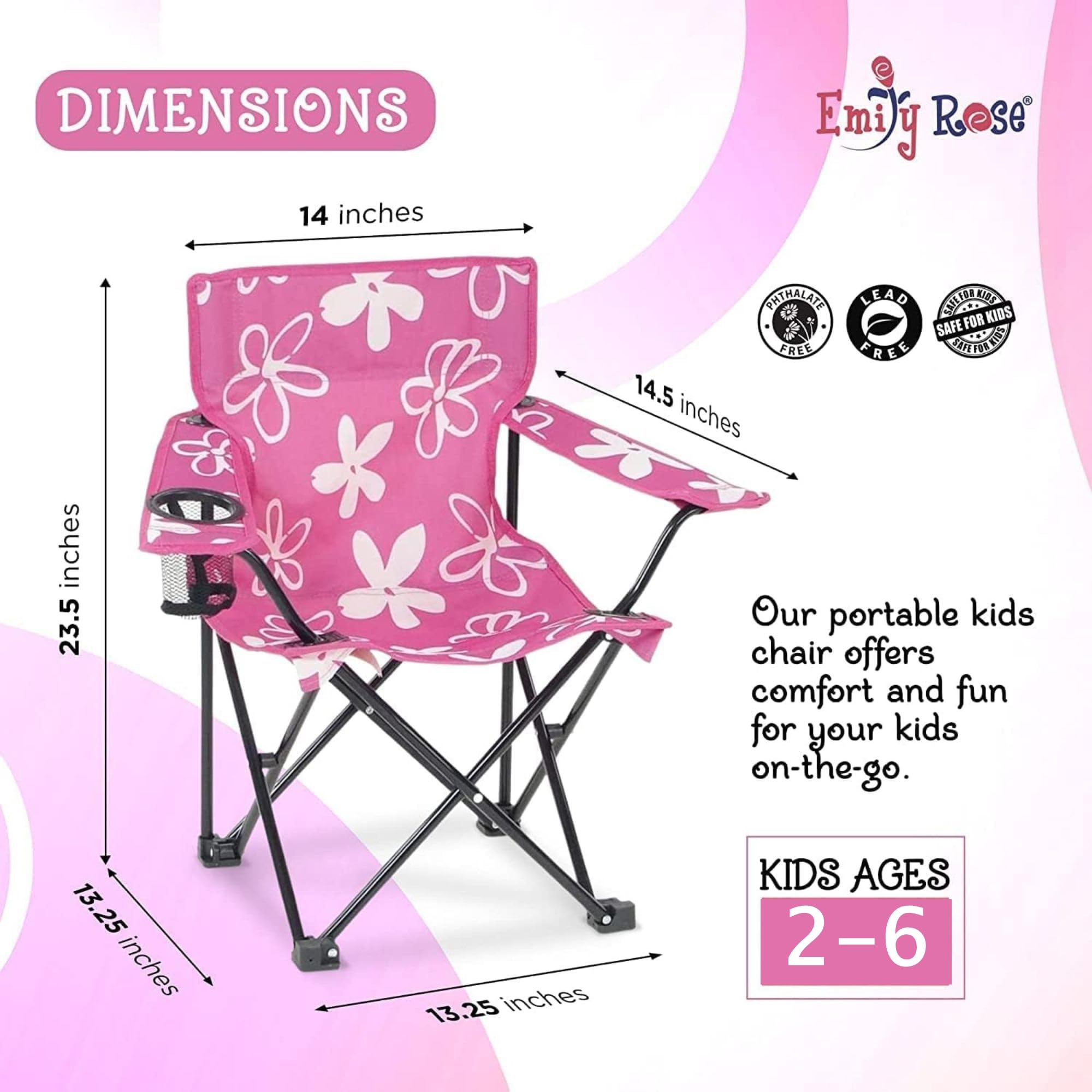 Emily Rose Kids Folding Chair with Safety Lock - Portable Pink Beach Chair for Girls & Toddlers with Cup Holder & Carry Bag - Perfect for Camping, Travel, Beach, Picnic, Tailgate, Indoor & Outdoor Use