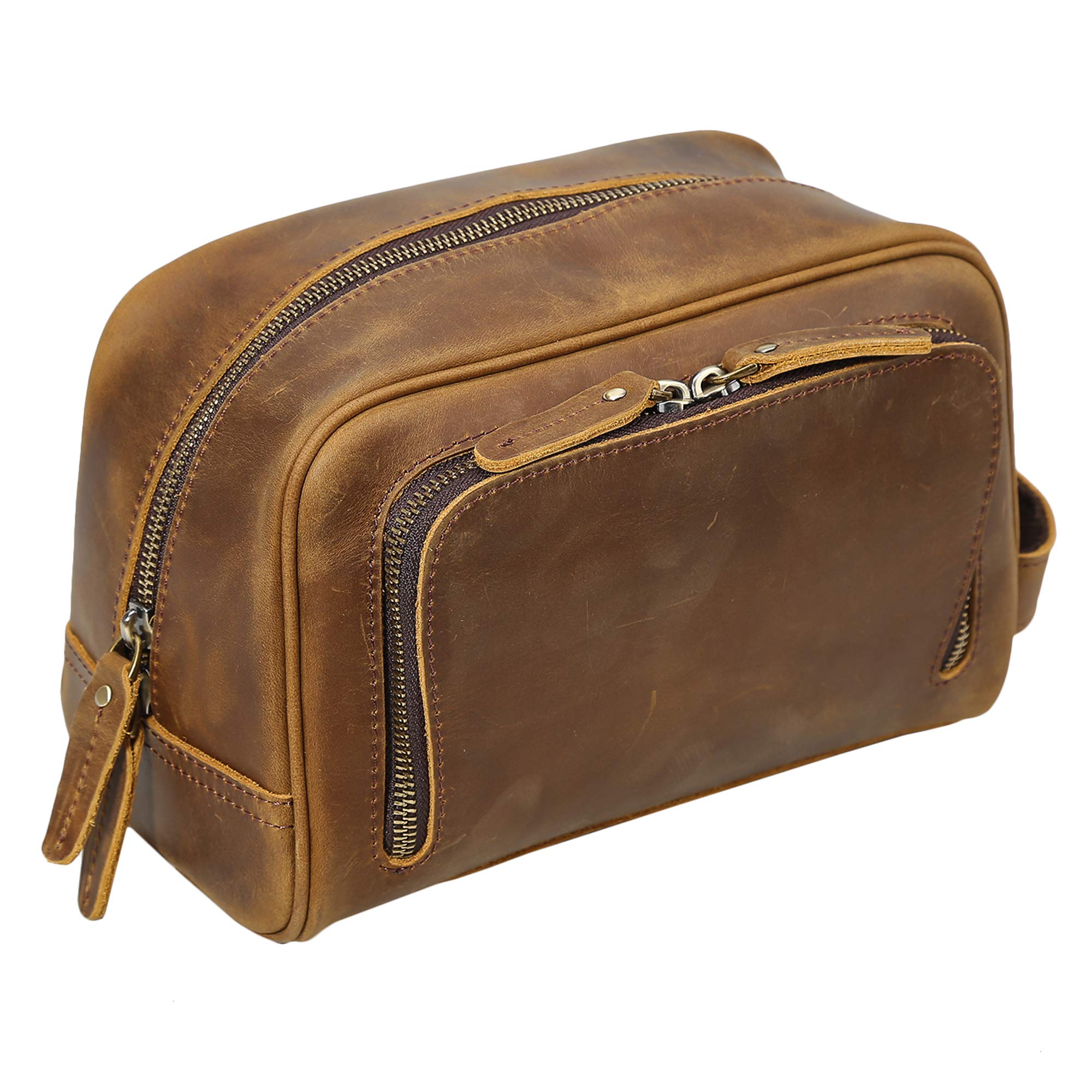 Vintage Full Grain Leather Dopp Kit for Men - Handmade Travel Toiletry & Shaving Bag with YKK Metal Zippers (Brown) - Perfect for Business Trips, Camping & Grooming Essentials