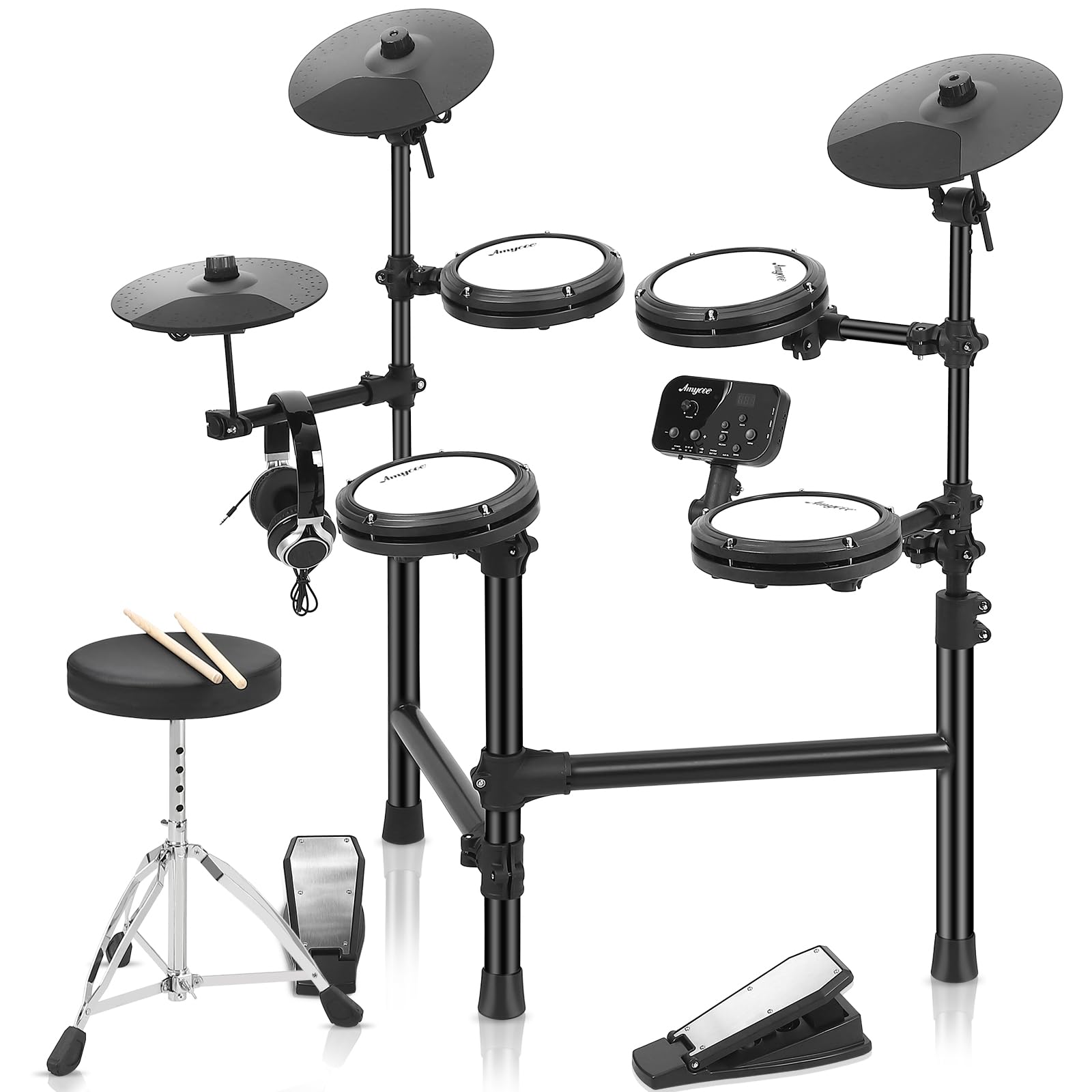 Electric Drum Set for Beginners & Kids - 150 Sounds, 4 Quiet Drum Pads, 2 Pedals, Throne & Headphones Included | Perfect for Home Practice, Music Lessons & Silent Playtime