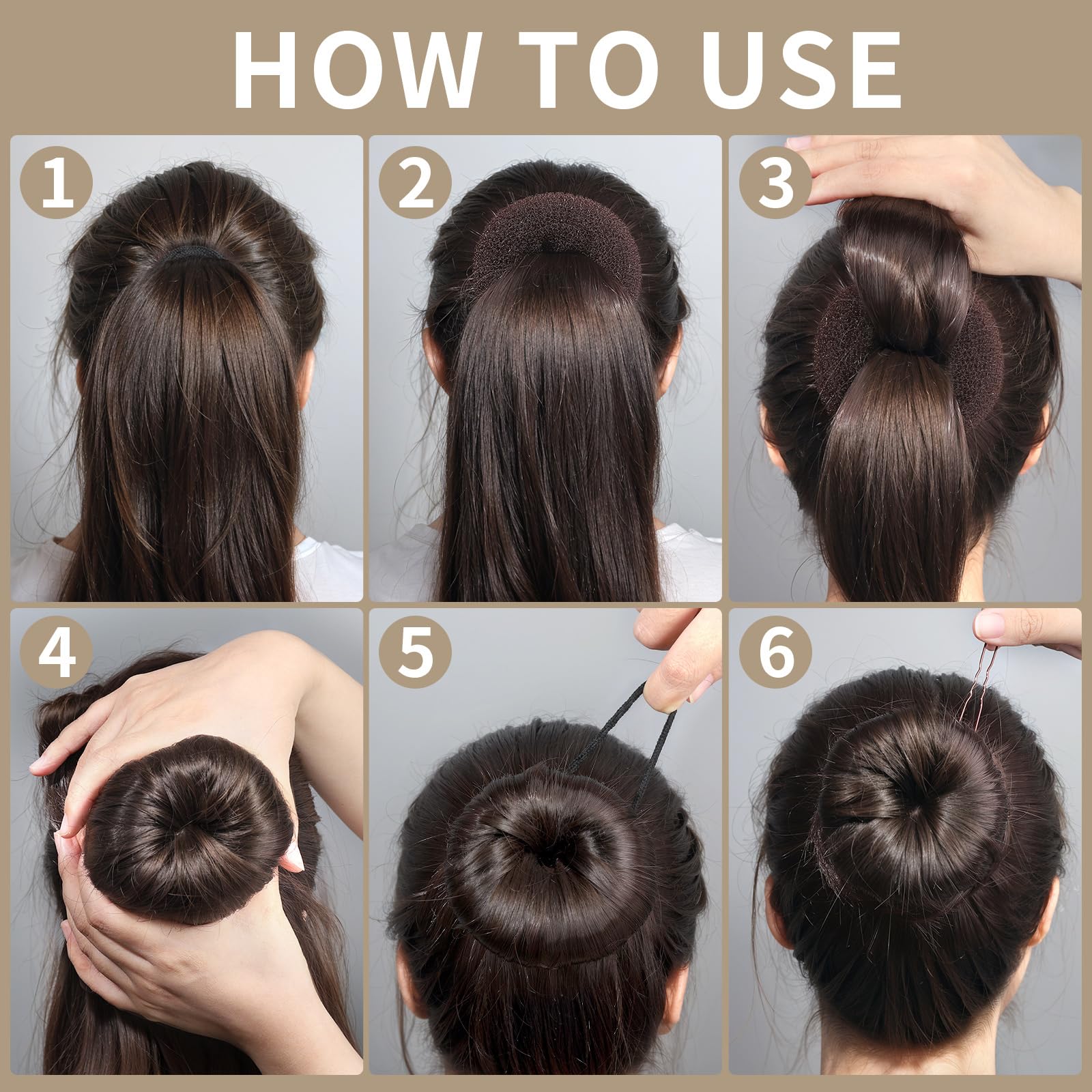 FANDAMEI 4PCS Kids Hair Bun Maker Set - Small Donut Bun Maker for Ballet with Extra Small Hair Buns, Elastic Hair Ties & Pins (Brown) - Perfect for Dance Recitals, School Hairstyles & Everyday Wear