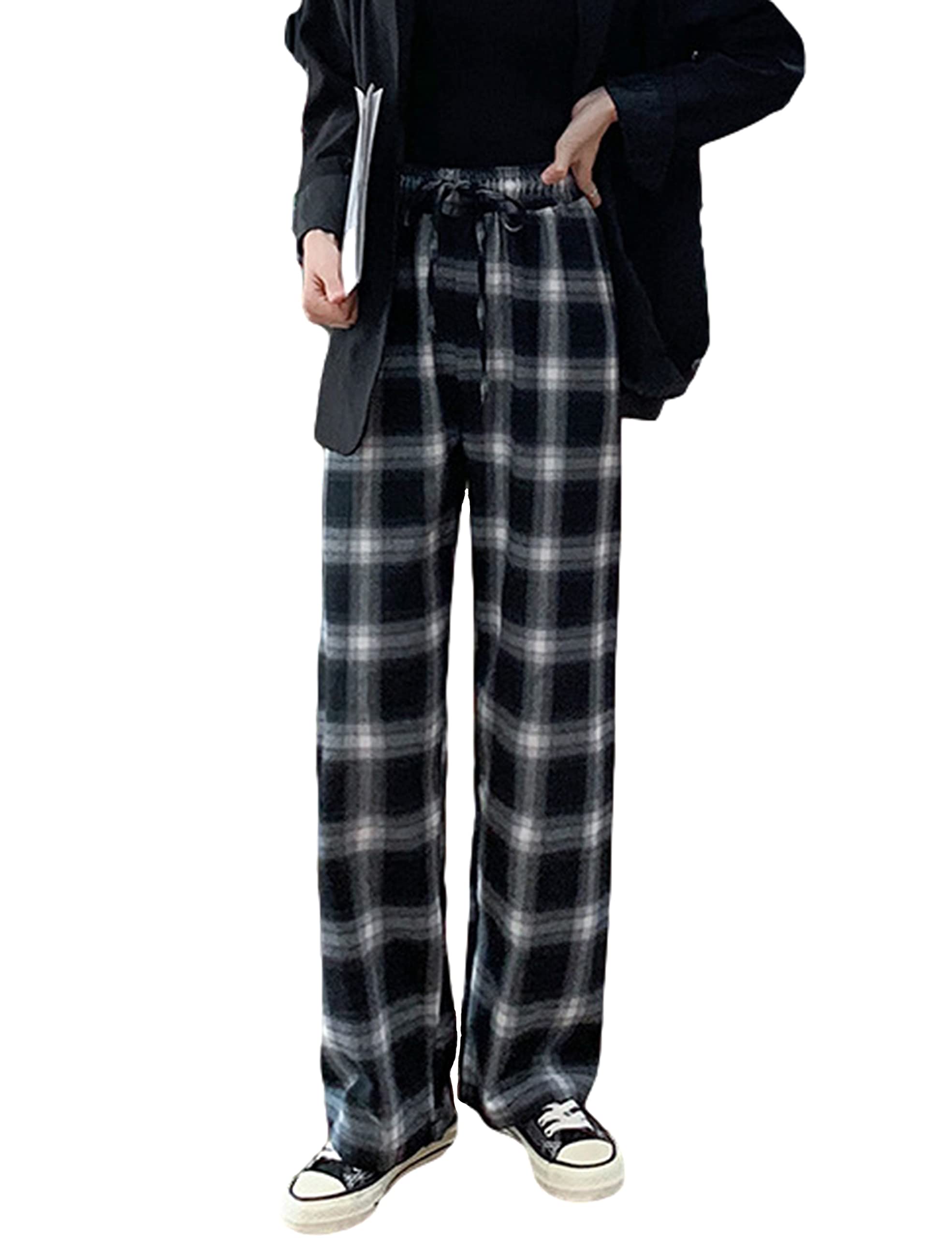 Lentta Women's High Waisted Plaid Pants - Casual Yellow Straight Leg Trousers for Work, Office & Everyday Wear | Comfortable Long Pants for Women