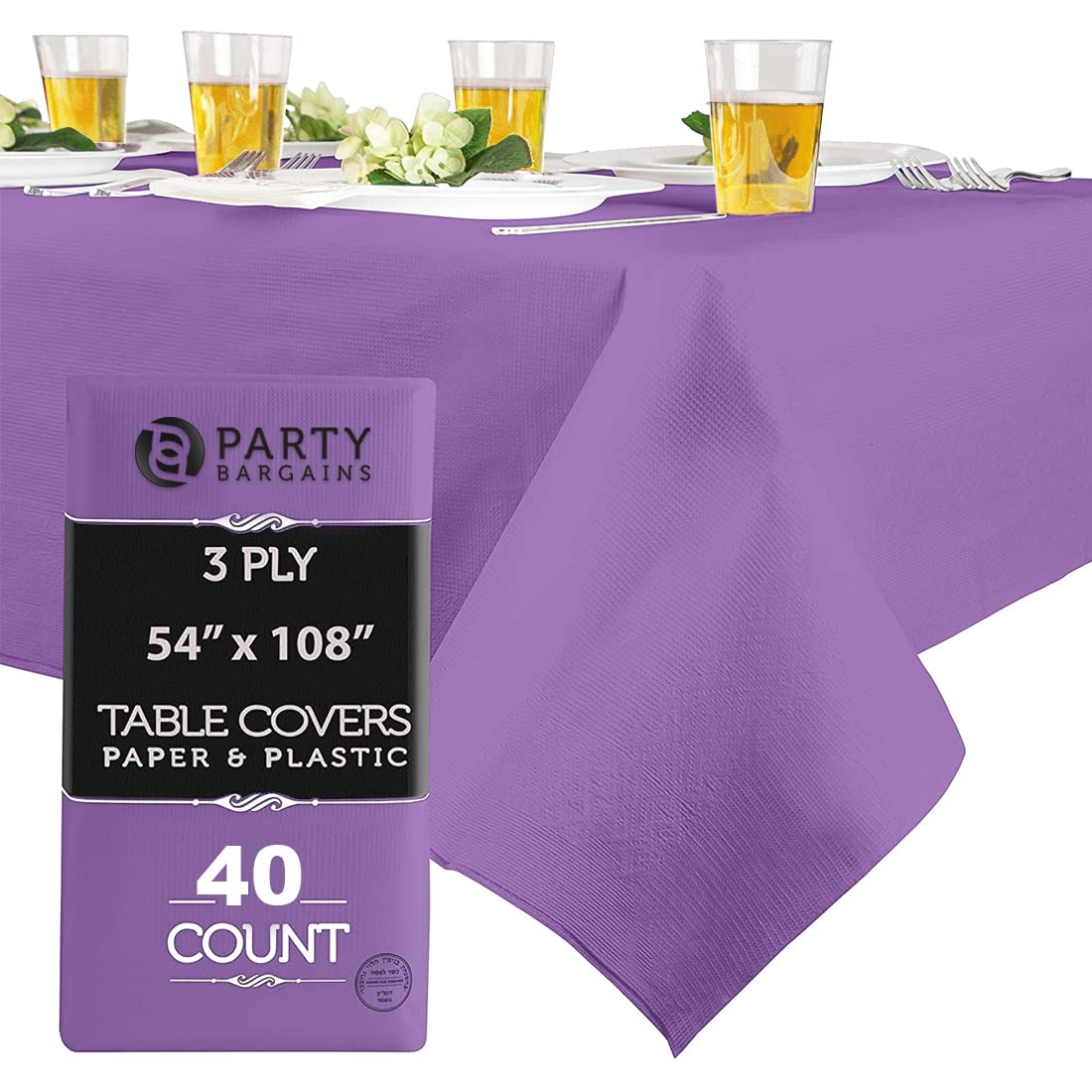 40 Pack Disposable Table Covers 54x108 Inches - 3 Ply Paper & Plastic Tablecloths for Parties, Events, Picnics | Purple Party Decorations & Dining Protection