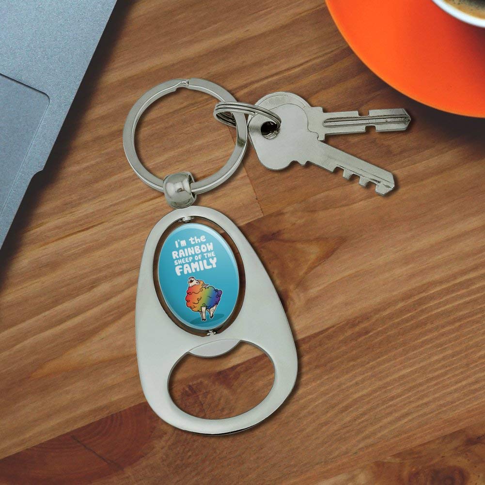 Rainbow Sheep Family Gay Pride Keychain - Chrome Metal Spinning Oval Bottle Opener for LGBTQ+ Events, Parties & Gifts