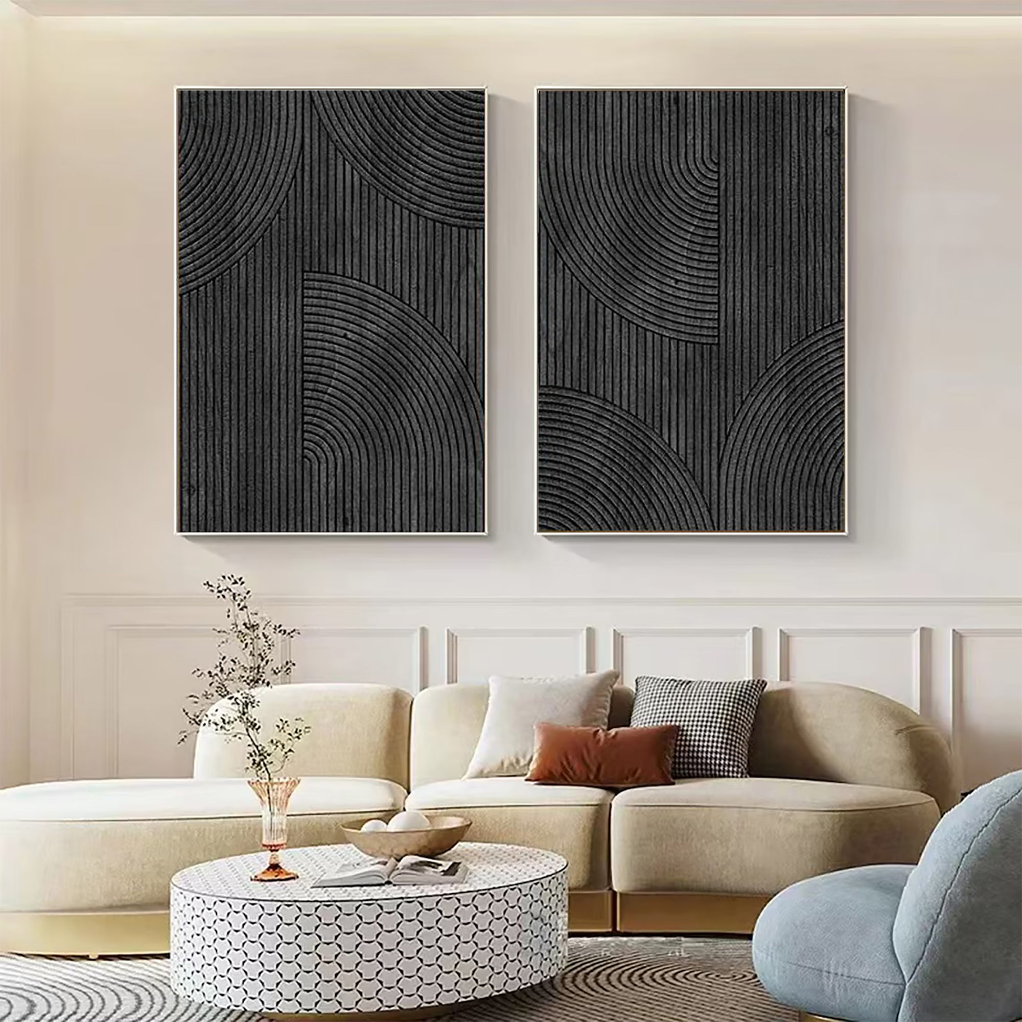 Modern Black Minimalist Textured Abstract Paintings - Set of 2 Canvas Wall Art for Living Room, Bedroom & Office Decor | Ready to Hang