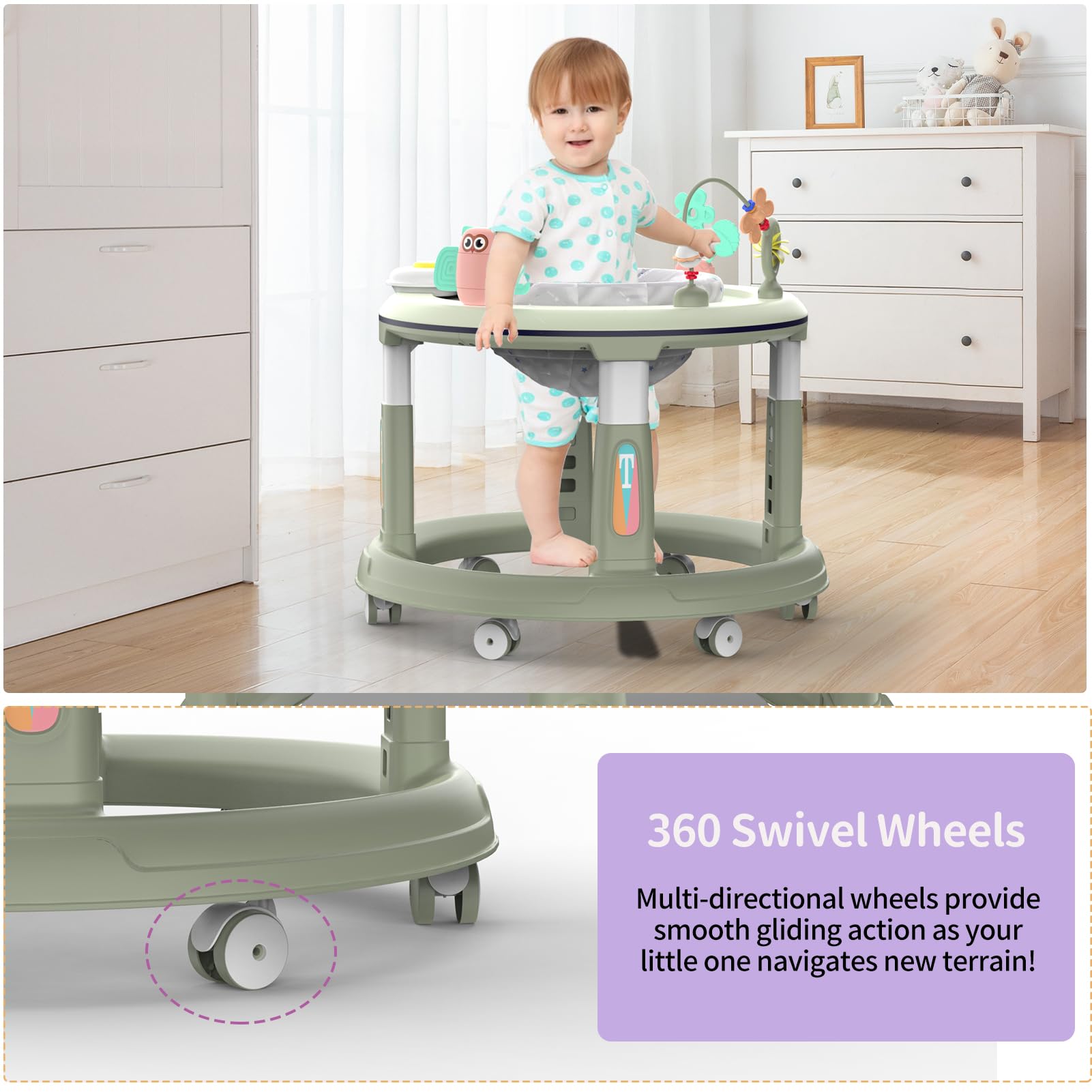 **Adjustable Baby Walker for 6-12 Months - 5 Height Levels, 360° Swivel Seat with Music & Detachable Toys - Safe Activity Center for Boys & Girls (Green) - Perfect for Learning to Walk & Playtime Fun**