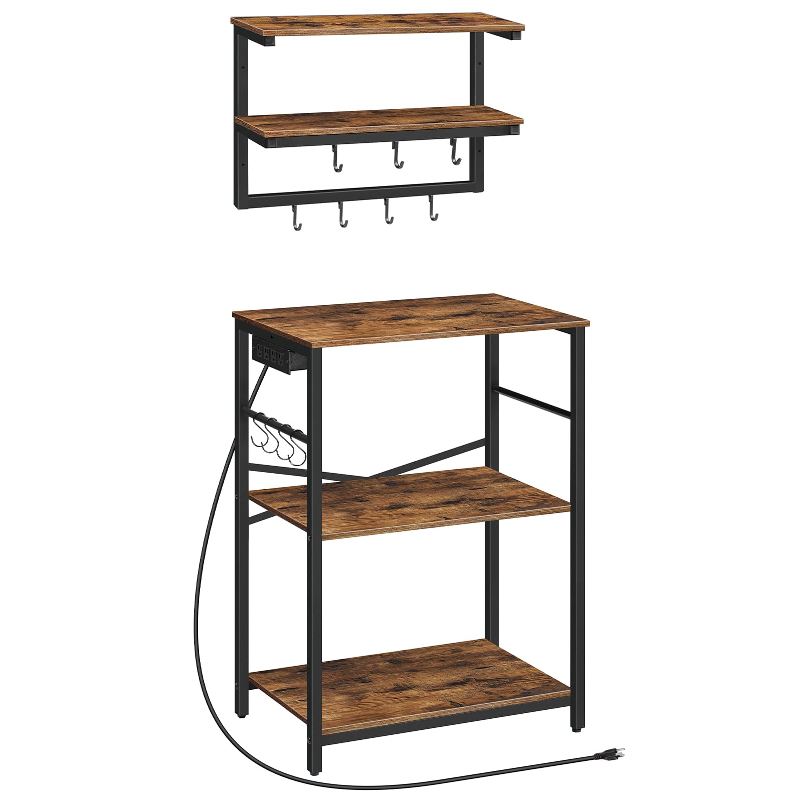 HOOBRO Rustic Brown Bakers Rack with Power Outlets - Freestanding Kitchen Storage Shelf with Floating Shelves & 11 S-Hooks - Perfect Coffee Bar Station & Microwave Stand for Kitchen, Living Room, Dining Area - Model BF11UHB01