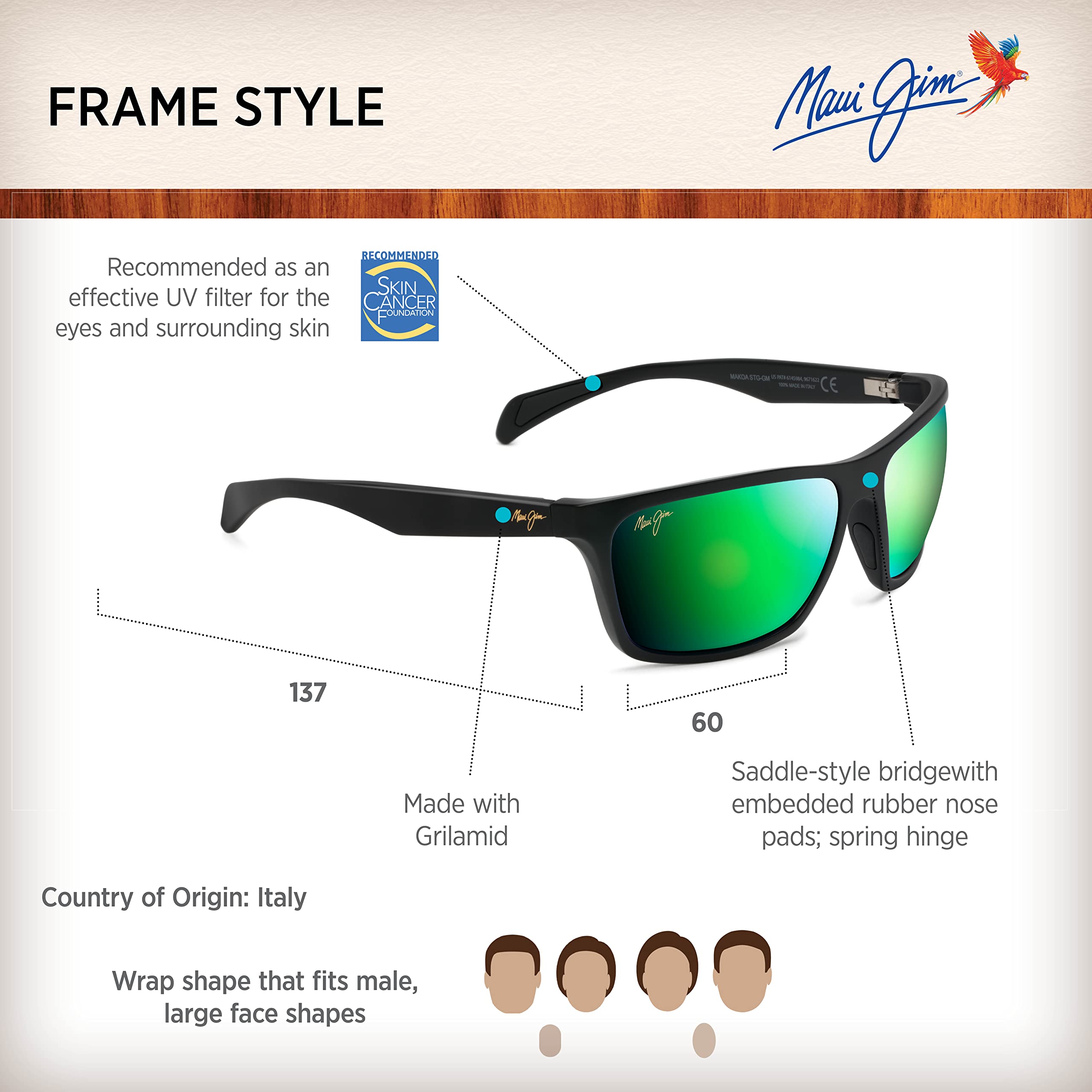 Maui Jim Men's Makoa Polarized Wrap Sunglasses - Matte Black/MAUIGreen® - UV Protection & Anti-Glare - Medium Fit - Perfect for Driving, Fishing & Outdoor Activities