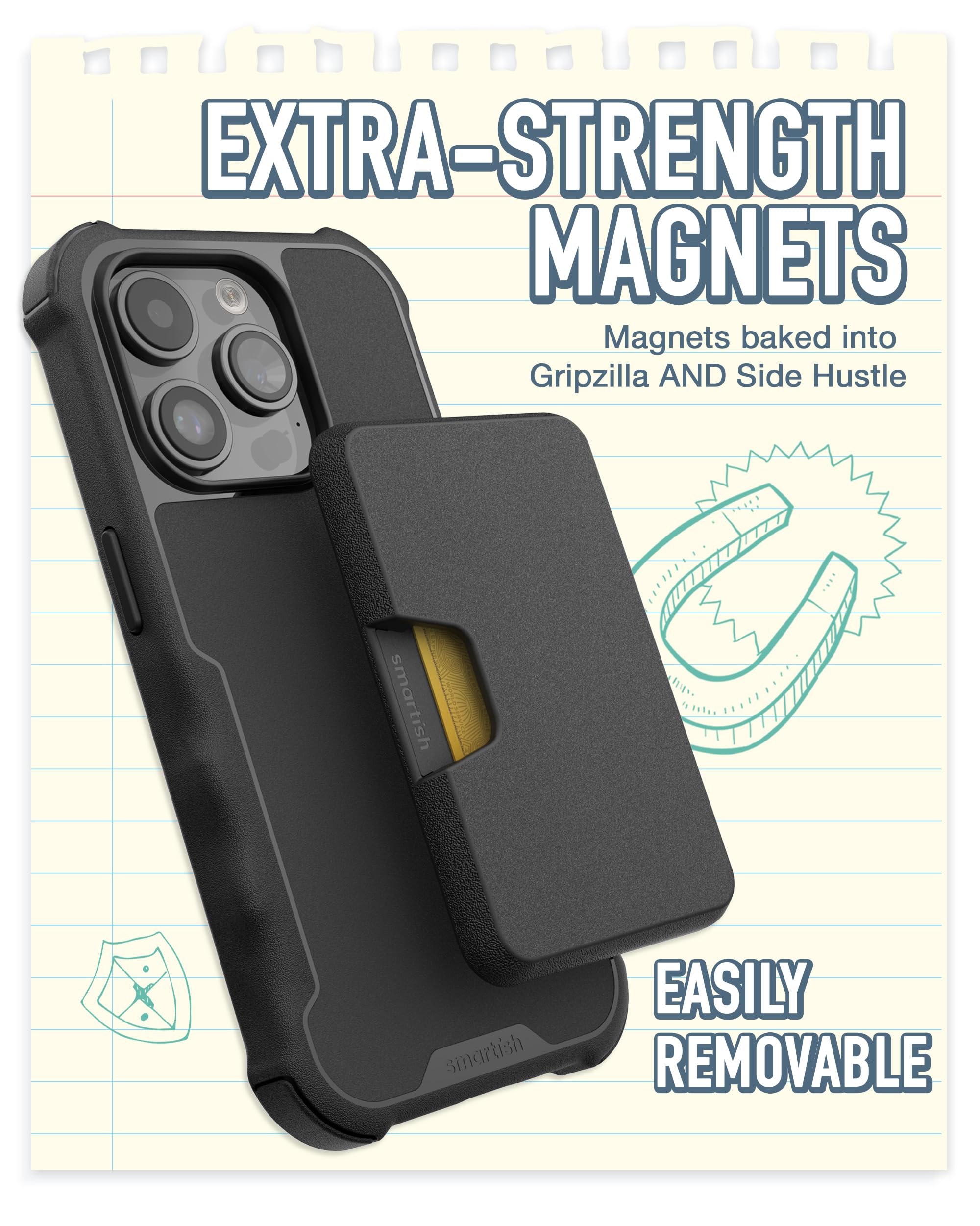 Smartish iPhone 15 Pro Case with Wallet & MagSafe Compatibility - Heavy Duty Armor Grip Cover with Detachable Magnetic Card Holder (Black) - Perfect for Everyday Protection & Secure Card Storage