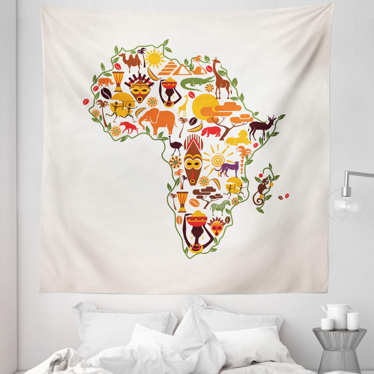 Ambesonne African Tapestry Queen Size 88x88 Inch - Traditional Cultural Wall Hanging, Bedspread & Home Decor with Travel Map Design - Multicolor Ethnic Art for Bedroom, Living Room & Dorm Decor