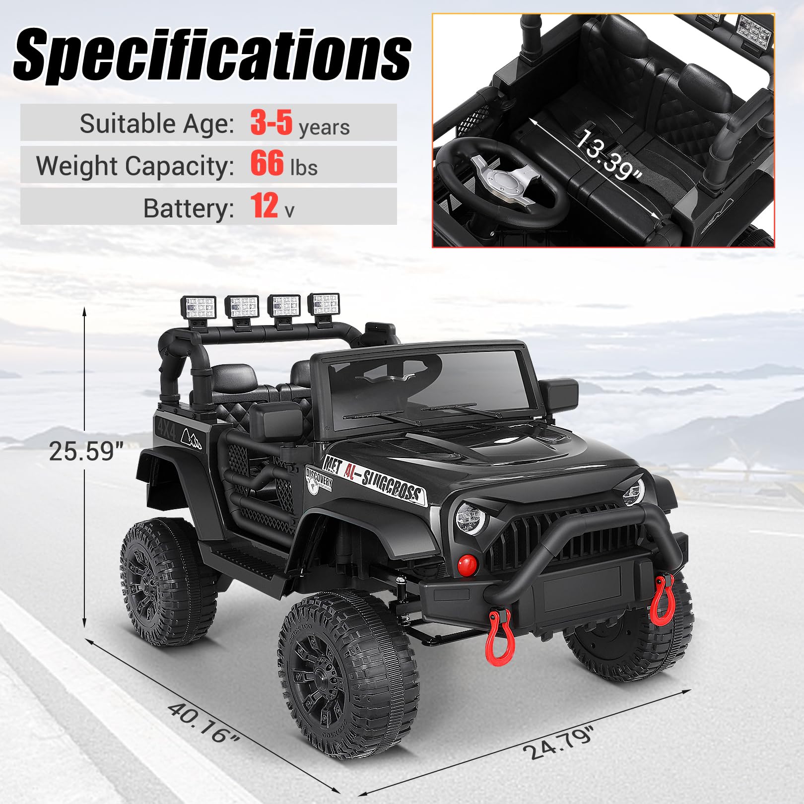Hikole 12V Electric Ride-On Car for Kids with Parent Remote Control, Spring Suspension, LED Headlights & Bluetooth - Multi-Terrain Kids Toy Car with Digital Dashboard & Easy Towing - Perfect Birthday Gift for Boys & Girls (Black) - Great for Outdoor Play, Backyard Fun & Neighborhood Adventures