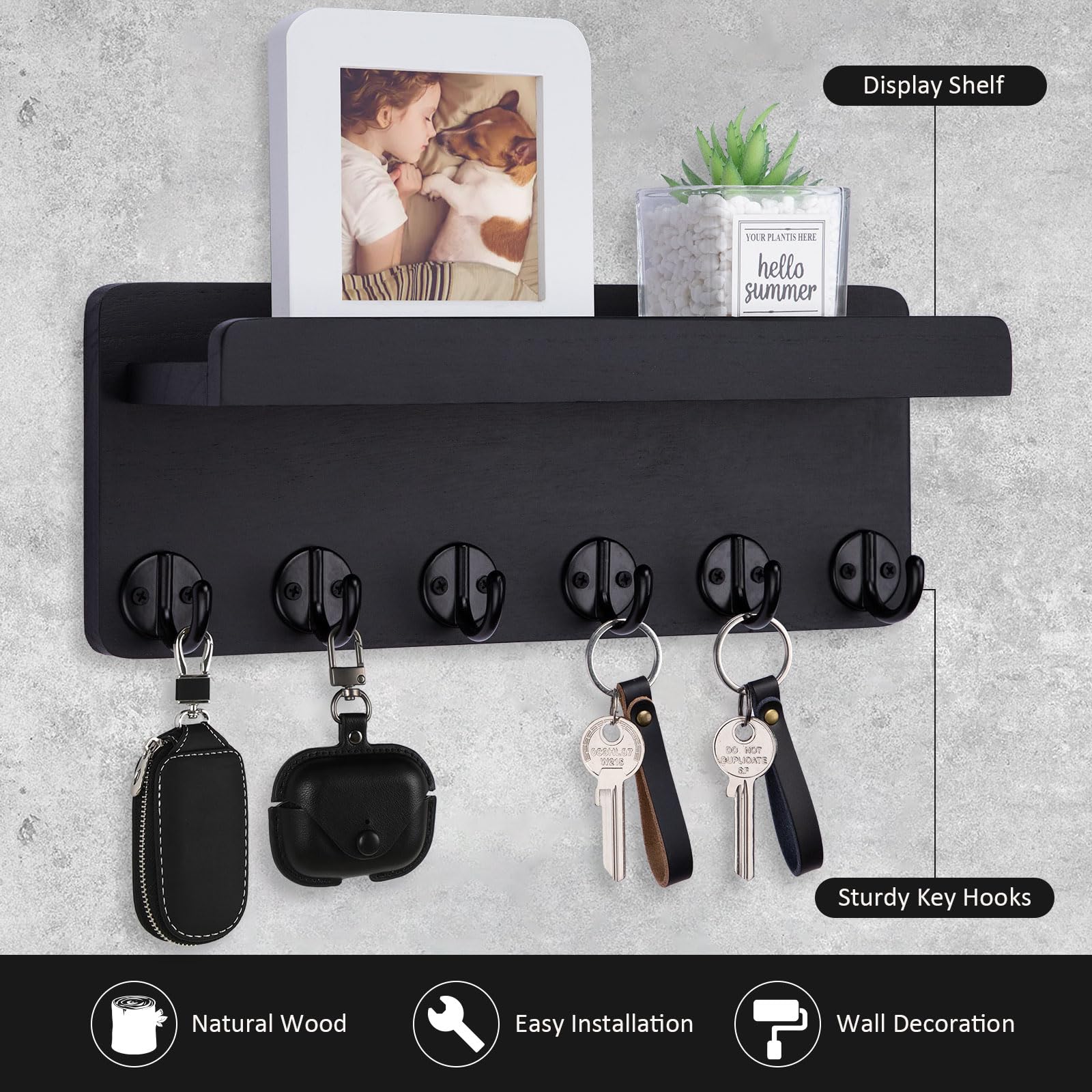 12.9 Inch Wooden Wall Key Holder with 6 Hooks & Display Shelf - Entryway Organizer for Keys, Mail & Small Items - Perfect for Living Room, Kitchen, Hallway & Office (Black)