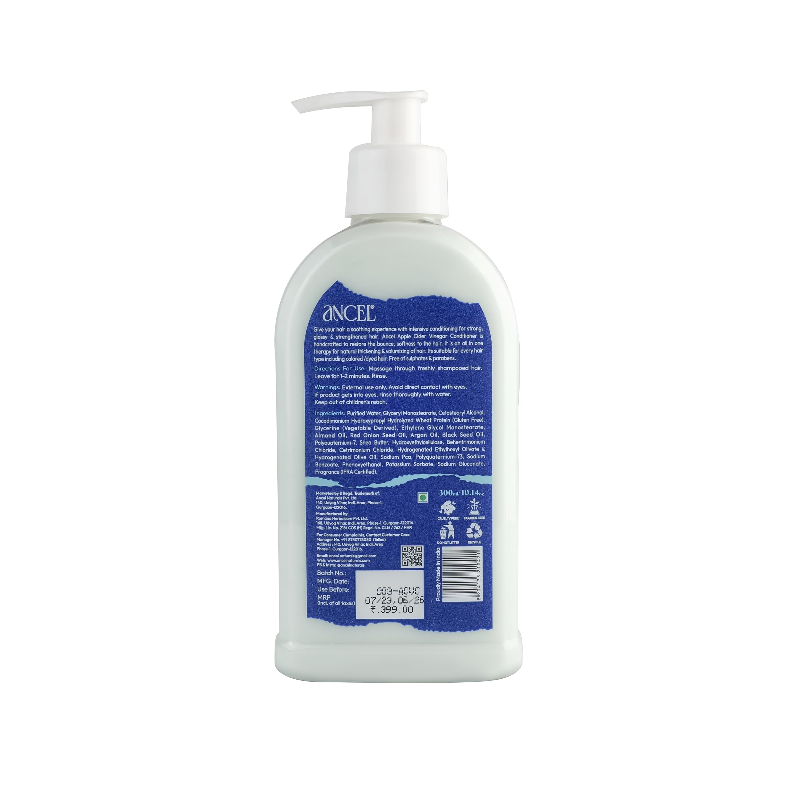 Ancel Apple Cider Vinegar Hair Conditioner 300ml - Natural Formula with ACV, Almond Oil, Argan Oil & Shea Butter - Sulfate Free & Paraben Free - For Dry, Damaged Hair - Men & Women - Perfect for Daily Use & Color Treated Hair