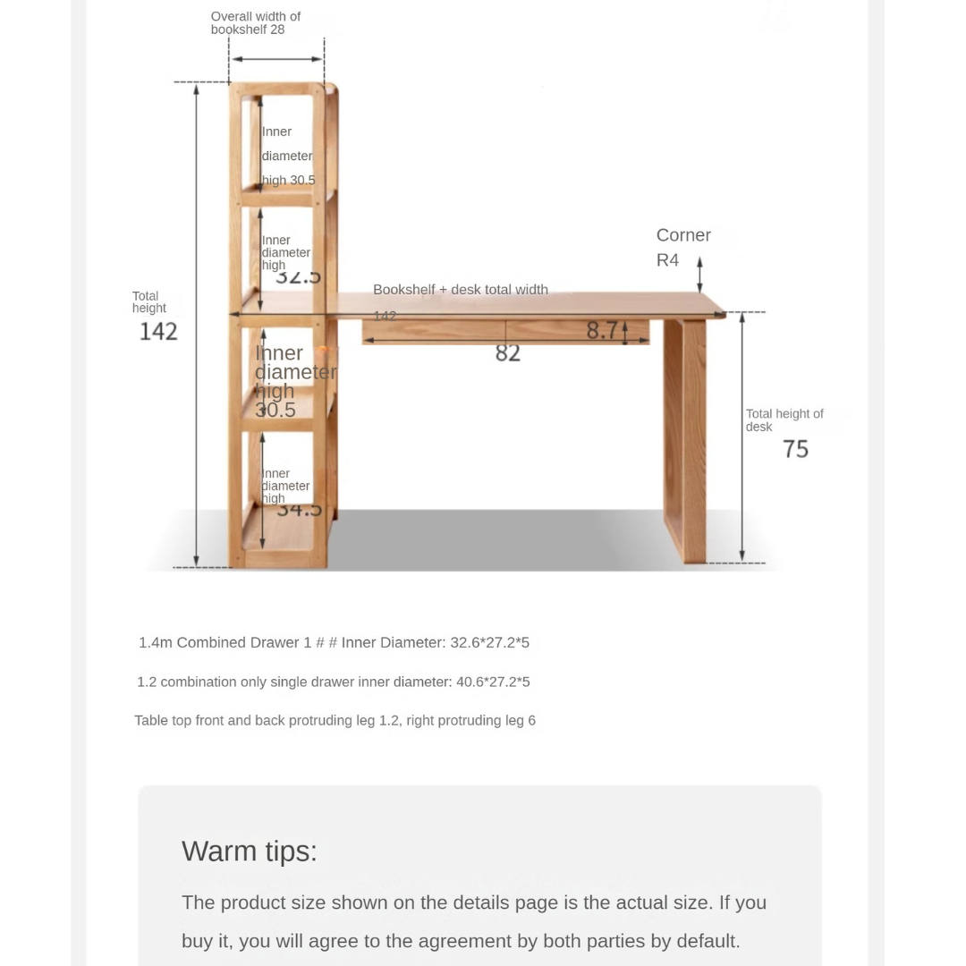 Solid Oak Wood Office Desk with Single Leg & Built-in Bookshelf - Modern Home Office Furniture for Work and Study