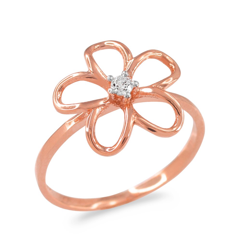 10k Rose Gold Diamond Solitaire Hawaiian Plumeria Flower Ring for Women - Elegant Hawaiian Jewelry for Weddings, Anniversaries & Beach Vacations