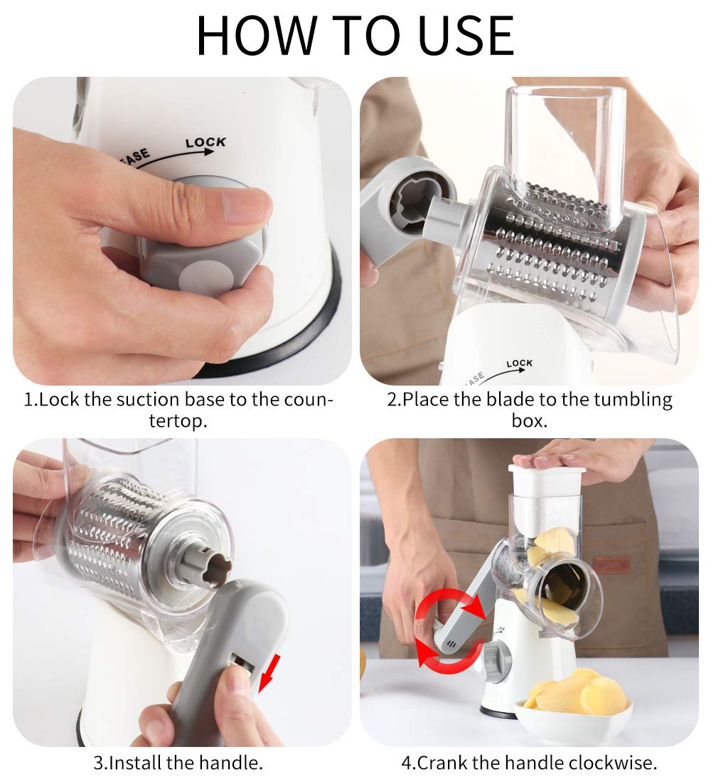 Cambom Rotary Cheese Grater - Hand Crank Cheese Shredder for Fresh Cheese, Vegetables & Nuts - Non-Slip Suction Base with 3 Blades & Free Cleaning Brush - Perfect for Pizza, Pasta, Salads & Baking (White)