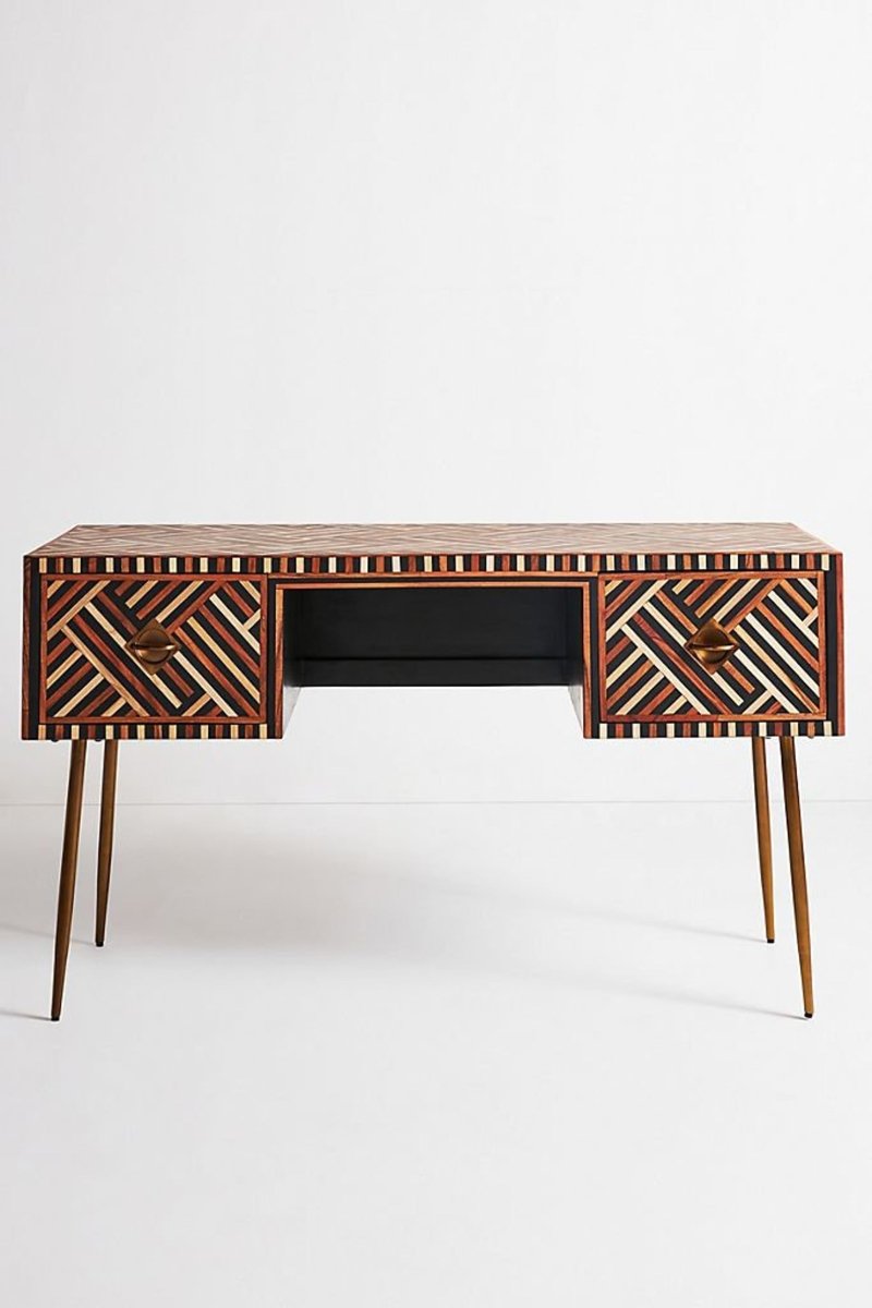 Handmade Brown Optical Bone Inlay Writing Desk with 2 Drawers - Vintage Home Office Furniture for Laptop Work, Study & Crafting