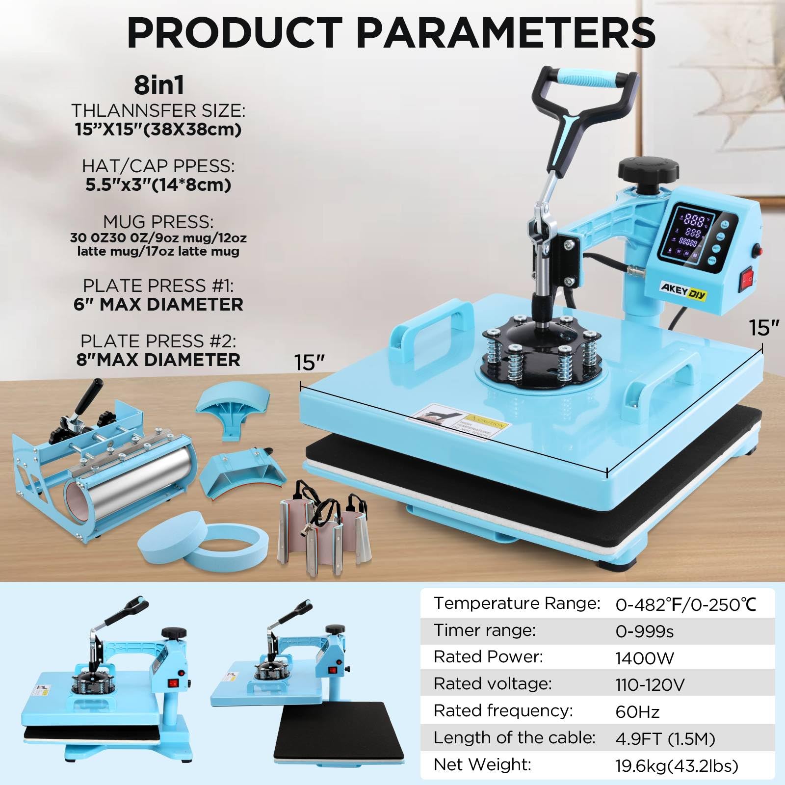 WHUBEFY 15x15 Inch Heat Press Machine - 8-in-1 Digital Sublimation Transfer Press with 30oz Tumbler Attachment for T-Shirts, Mugs, Caps & Plates (1400W) | Perfect for DIY Crafts, Custom Apparel & Small Business Printing