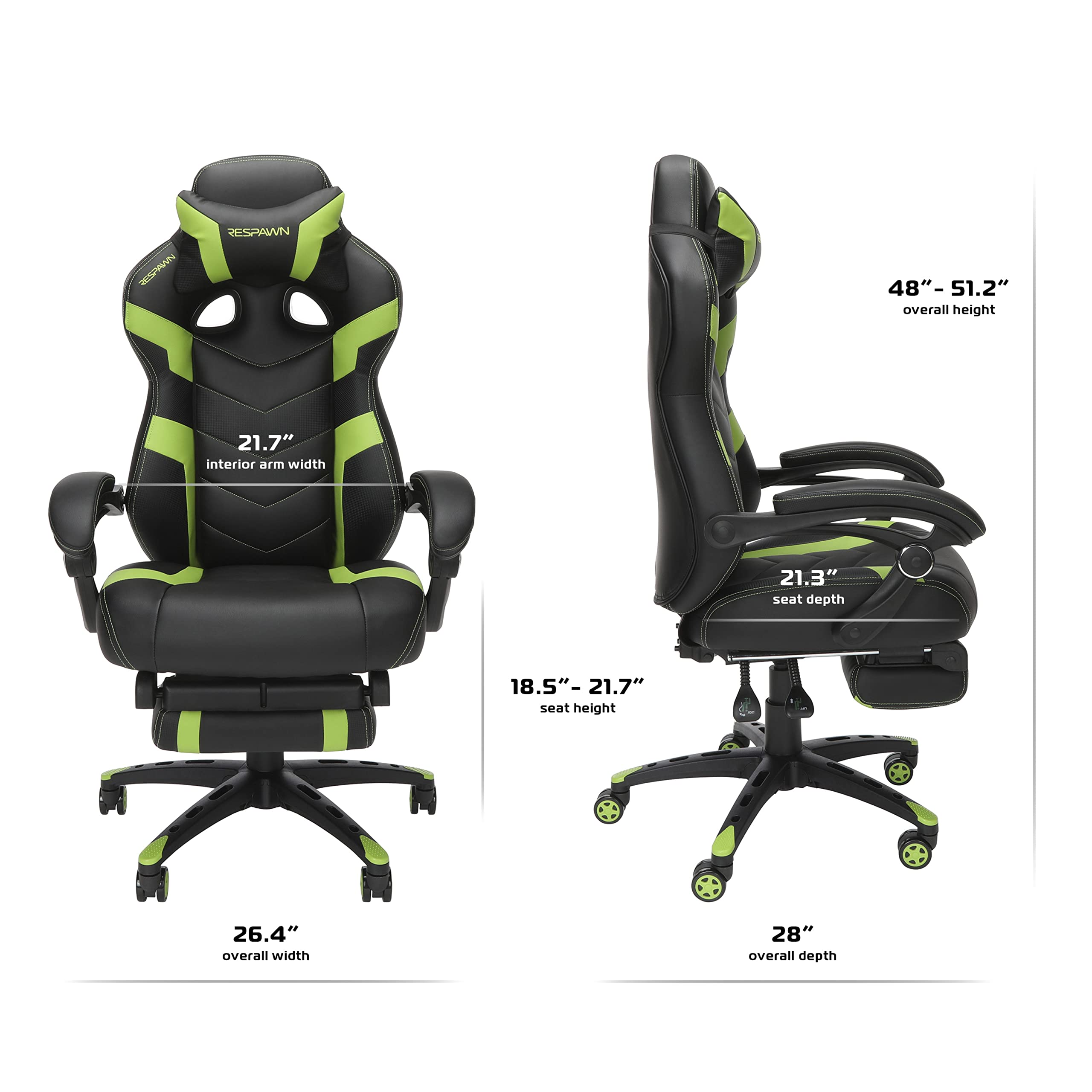 RESPAWN 110 Ergonomic Gaming Chair with Footrest Recliner - Racing Style High Back Office Chair for PC & Desk - 360° Swivel, Adjustable Lumbar Support & Headrest - Padded Armrests - Green (2021 Model) - Perfect for Gaming, Streaming & Home Office Workspace