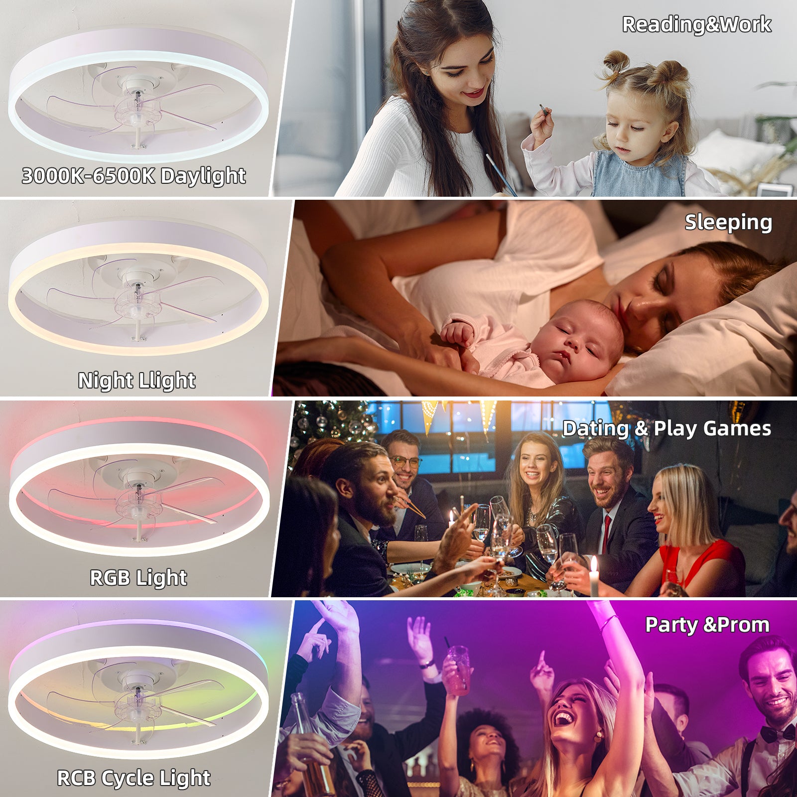 19.7 Inch RGB LED Ceiling Fan with Light - 3 Color Temperatures, 6 Speed Adjustable, Reversible Rotation for Bedroom, Living Room & Office
