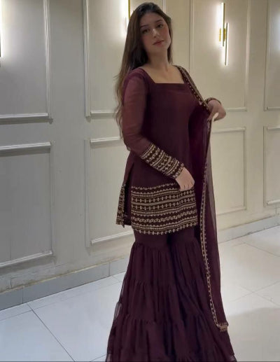 Elegant Wine Georgette Embroidered Gharara Suit Set for Women | Festive Party Wear | Wedding, Eid & Special Occasion Outfit
