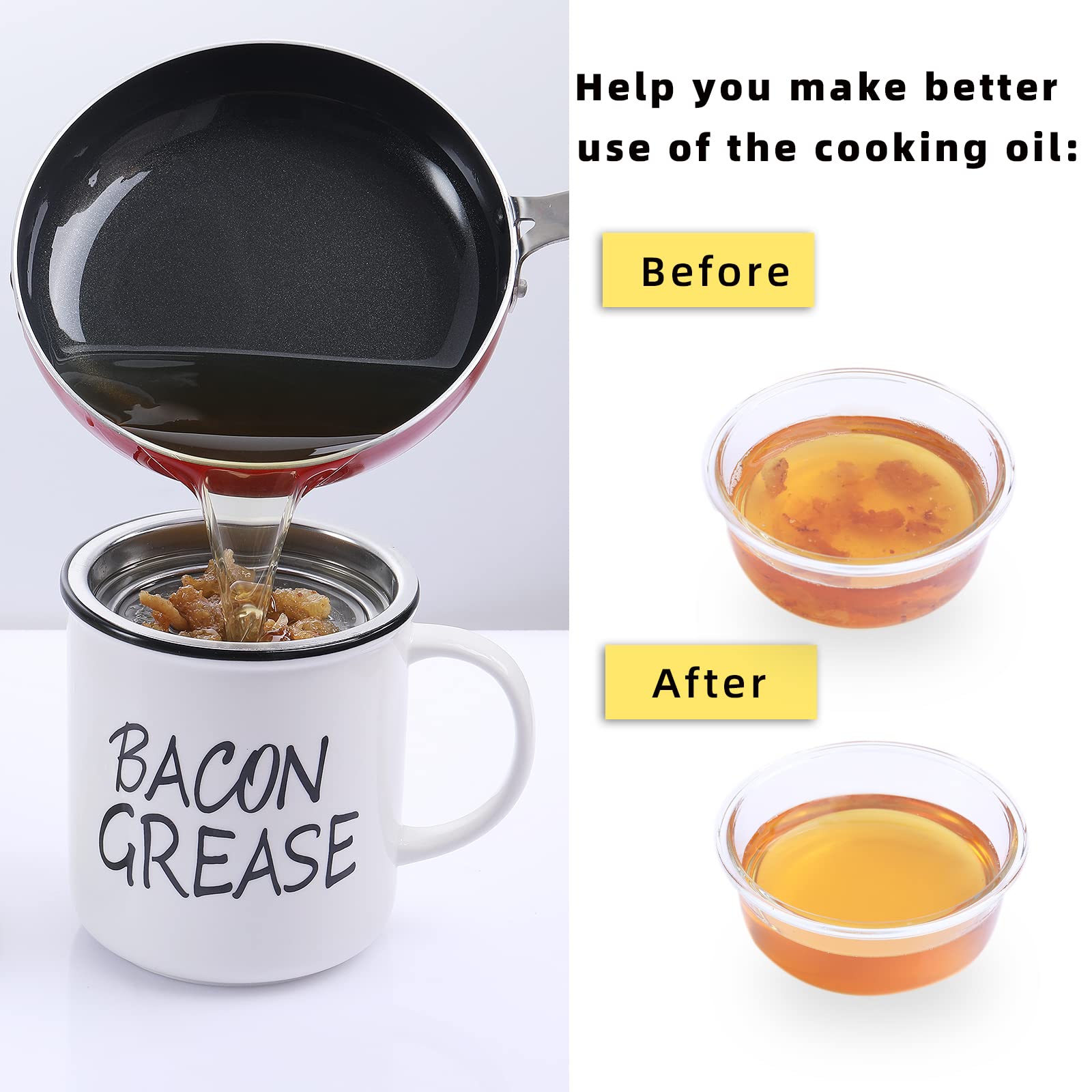 Premium Ceramic Bacon Grease Keeper with Built-in Strainer - White - Perfect for Kitchen Storage & Cooking Oil Recycling