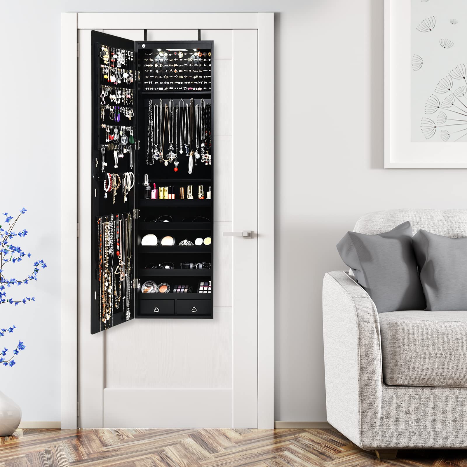 COSTWAY Hanging Jewelry Organizer with Full-Length Mirror & LED Lights - Wall Mount Jewelry Cabinet with Lock, Large Storage for Necklaces, Rings, Earrings - Perfect for Bedroom, Closet & Dressing Room (Black)