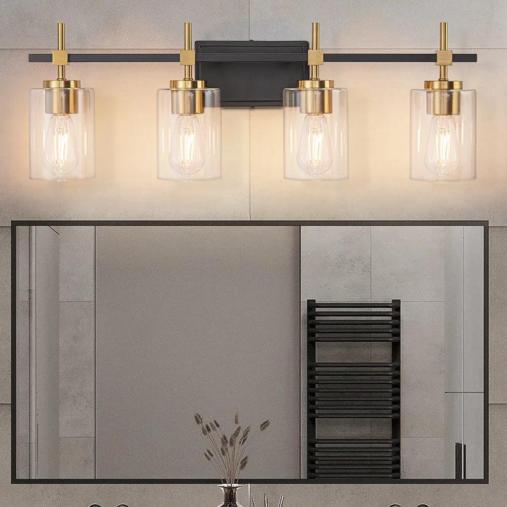 Jasper Black & Gold Clear Glass 4-Light Bathroom Vanity Light Fixture - Modern Elegant Lighting for Bathroom, Powder Room & Dressing Area