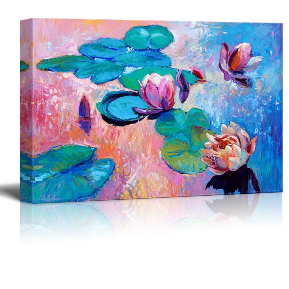 Abstract Water Lilies Canvas Print - Modern Impressionism Oil Painting Wall Art | 32x48 Inch Stretched Ready to Hang | Home & Office Decor | Perfect for Living Room, Bedroom & Gallery Display