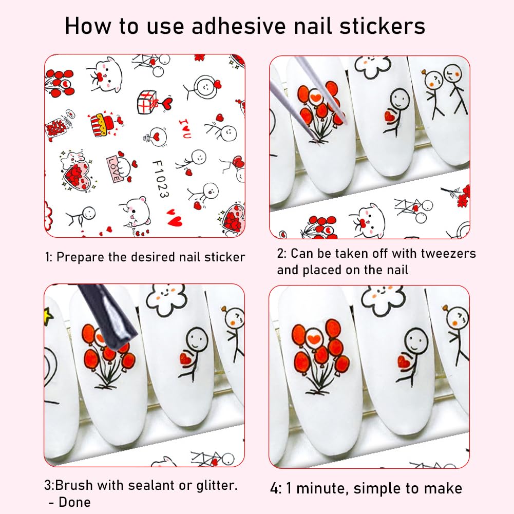 Valentine's Day Nail Stickers - 6 Sheets 3D Self-Adhesive Heart & Rose Nail Art Decals for Women | Romantic Red Lips & Love Designs | Perfect for Valentine's Nail Art, Date Nights & Special Occasions