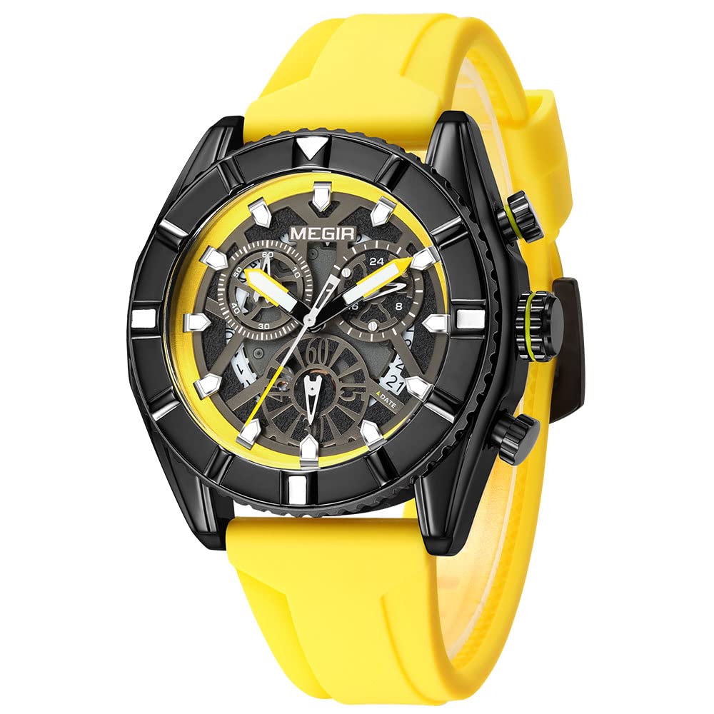 MEGIR Men's Military Sports Chronograph Quartz Watch with Automatic Date and Silicone Strap - Perfect for Outdoor Adventures, Workouts, and Everyday Wear