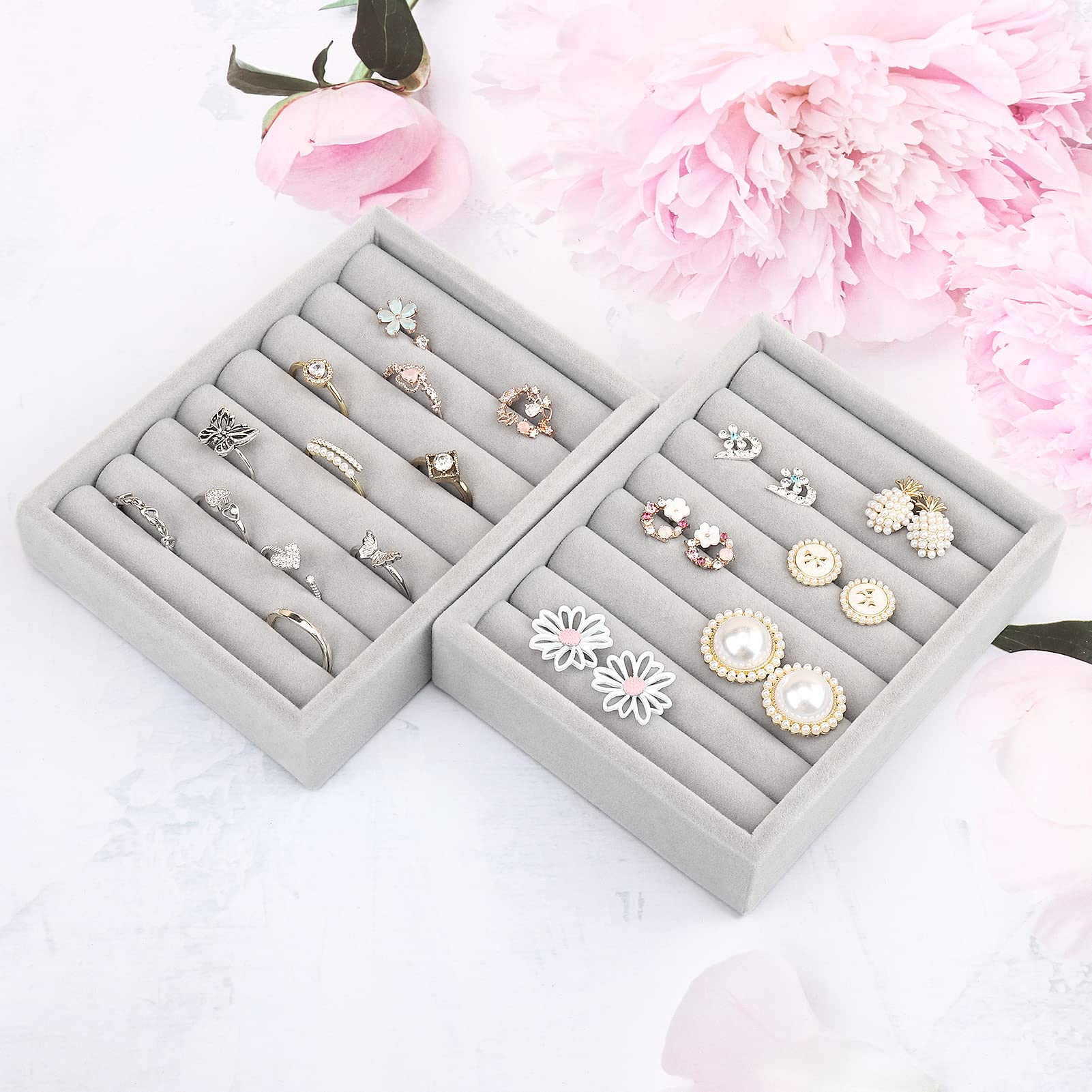 DesignSter Small Jewelry Tray - 2PCS Velvet Ring Organizer & Stackable Jewelry Display Tray, Jewelry Drawer Organizer Inserts for Dresser and Jewelry Box (Gray) - Perfect for Bedroom Vanity, Travel Jewelry Storage and Gift Giving