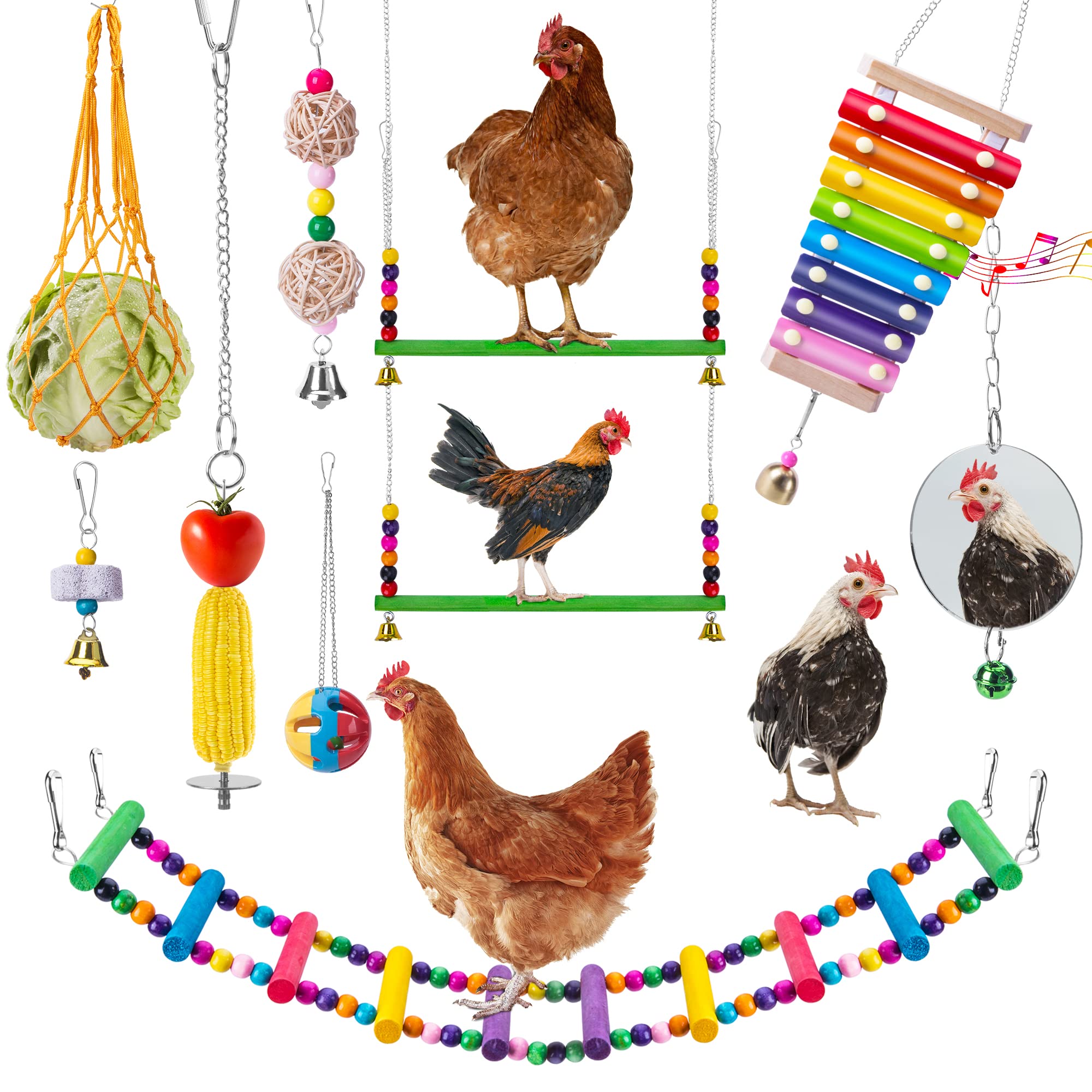 10PCS Chicken Toys for Hens - Xylophone, Swing, Pecking Toys, Mirror & Hanging Feeder - Fun Enrichment Activities for Backyard Chickens (Great for Coop Entertainment & Stress Relief)