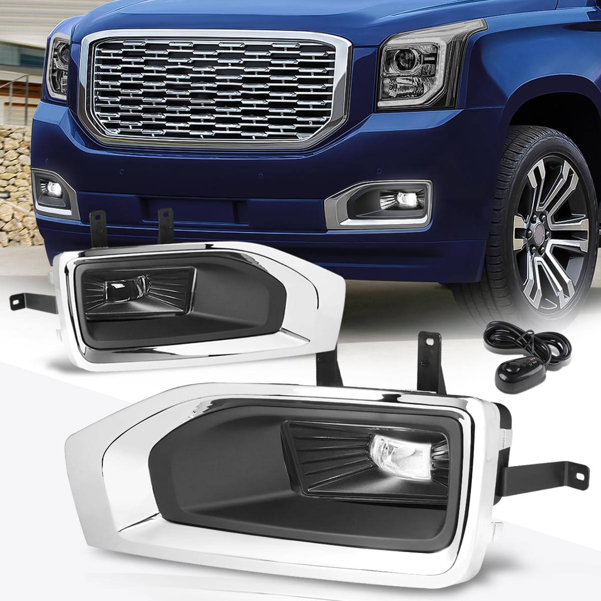 PM PERFORMOTOR High-Power LED Fog Lights with Bezel & Switch Kit - Clear Lens - Compatible with GMC Yukon/Yukon XL (2015-2018) | Enhanced Visibility for Off-Road Driving & Nighttime Safety