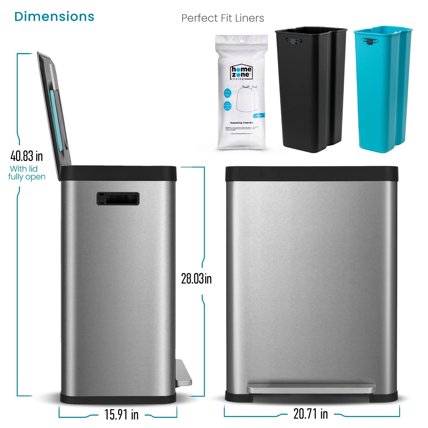 Stainless Steel 18.5 Gallon Dual Compartment Kitchen Trash Can with Odor Control - Silver | Home Zone Living | Removable Liners for Recycling & Waste | Perfect for Modern Kitchens & Eco-Friendly Homes