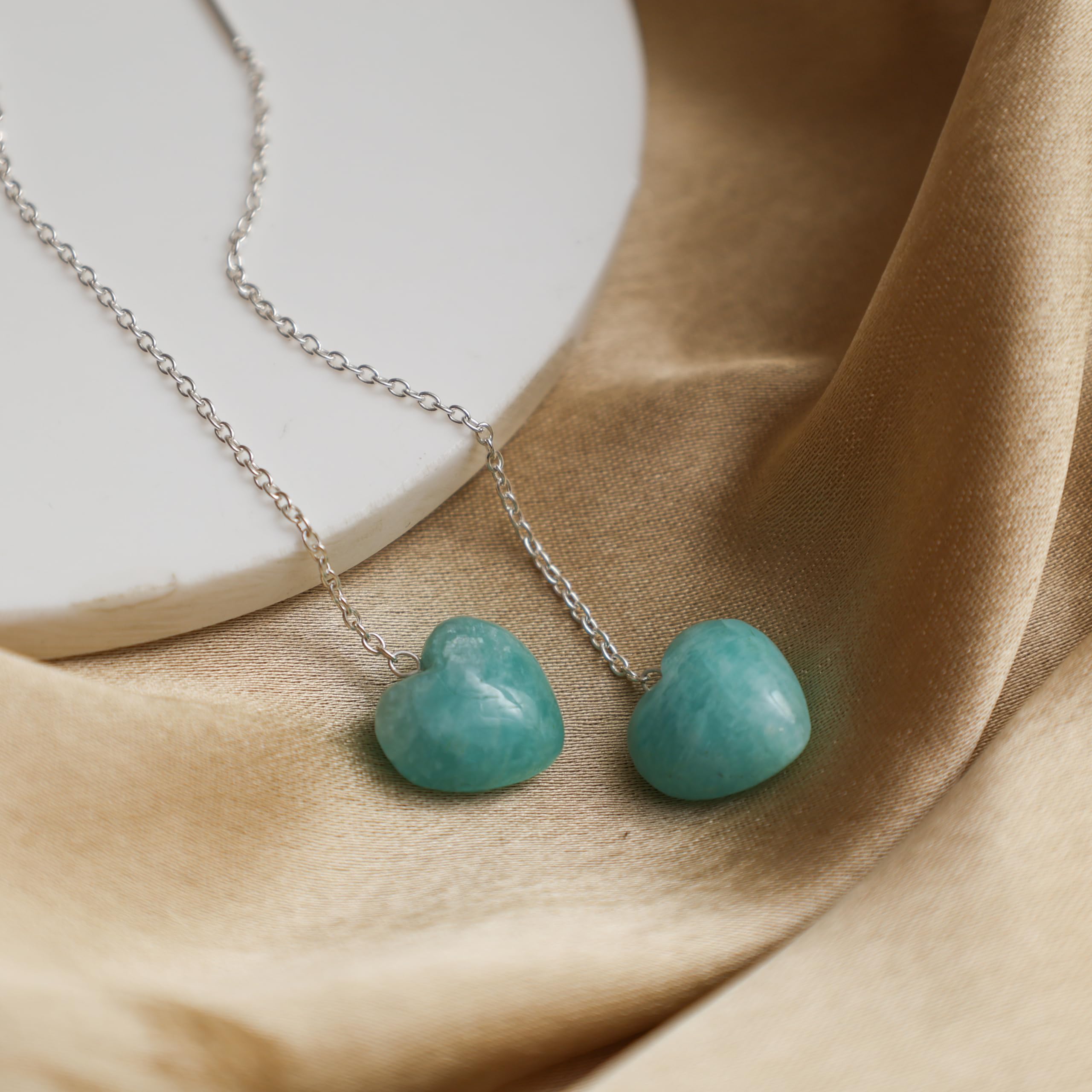 Amazonite Heart Threader Drop Earrings for Women - 925 Sterling Silver Dangle Long Chain Lightweight Gemstone Jewelry - Perfect for Daily Wear, Office & Special Occasions