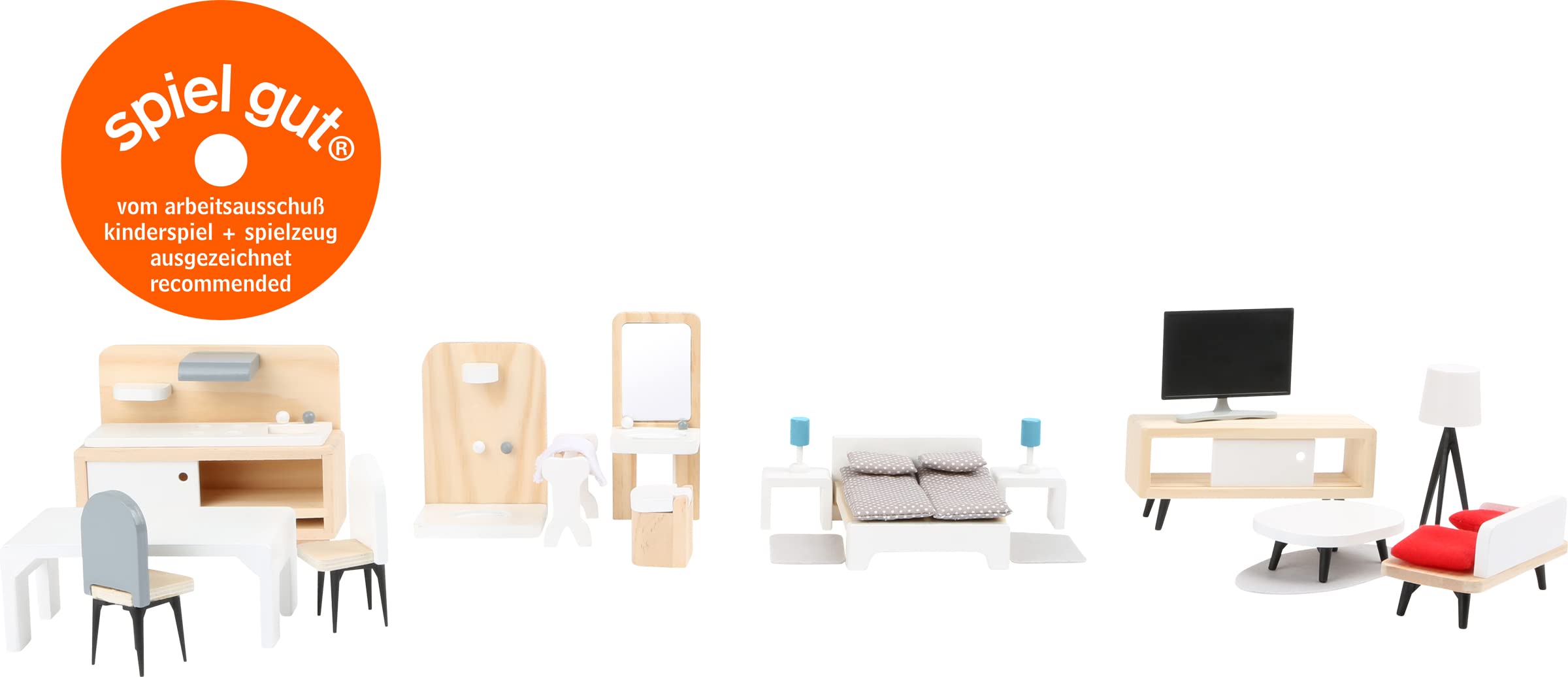 Small Foot 11414 Maison de Poupée en Bois - Ensemble Complet avec Salle de Séjour, Cuisine, Chambre et Salle de Bains - Jouet Éducatif pour Enfants à Partir de 3 Ans - Idéal pour Jeu Créatif et Développement de l'Imagination