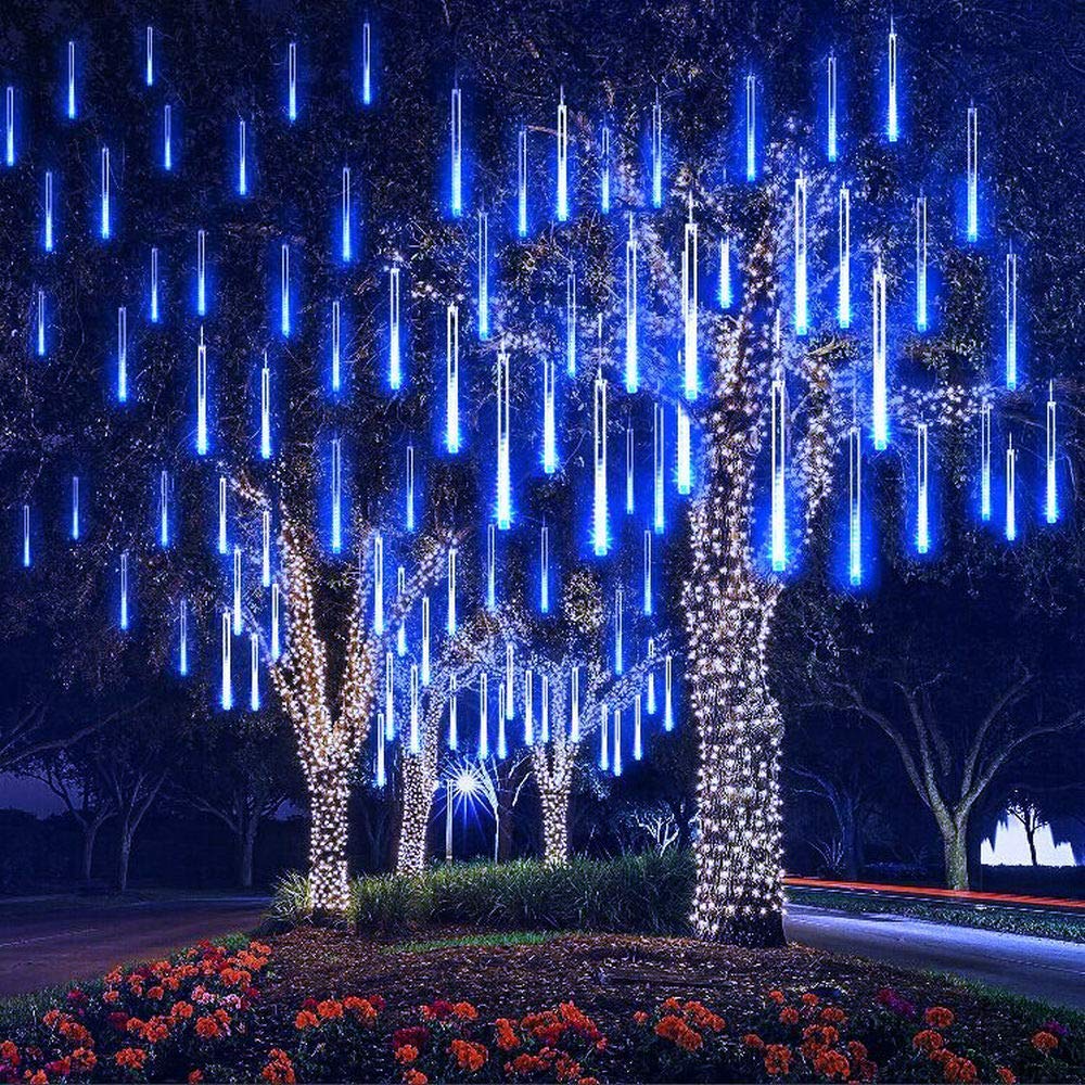 AULIN 30cm 10 Tube 360LED Solar Meteor Shower Light - 2 Modes Blue Rain Lights for Outdoor Garden, Holiday Party, Wedding, Christmas Tree Decoration | Weatherproof & Energy Saving