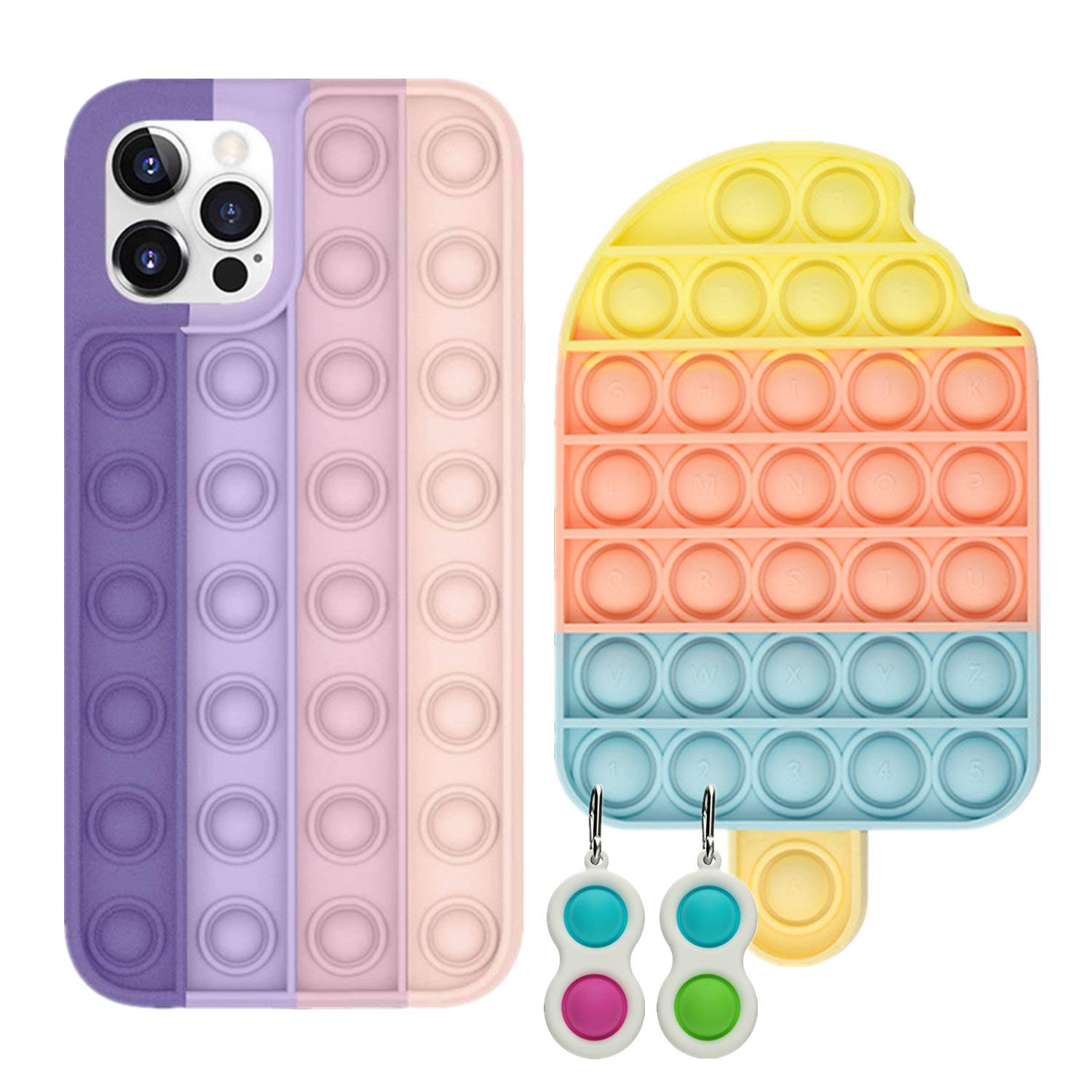FarvyDesign Fidget Toys iPhone Case Set - Push Pop Bubble Sensory Protective Case with Key Chain, Stress Relief for Kids & Adults, Perfect for Travel, Office, and School Use