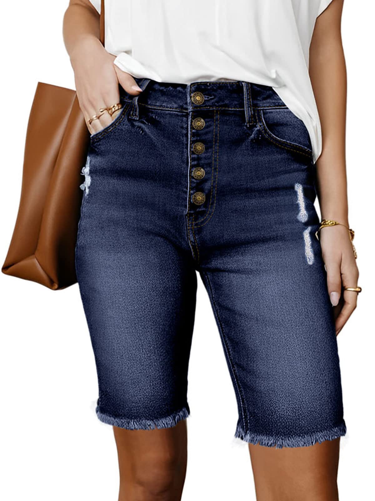 PINKMARCO Women's High Waisted Denim Bermuda Shorts - Stretchy Summer Jean Shorts with Raw Hem | Casual Outfit, Beach Vacation, Streetwear Fashion