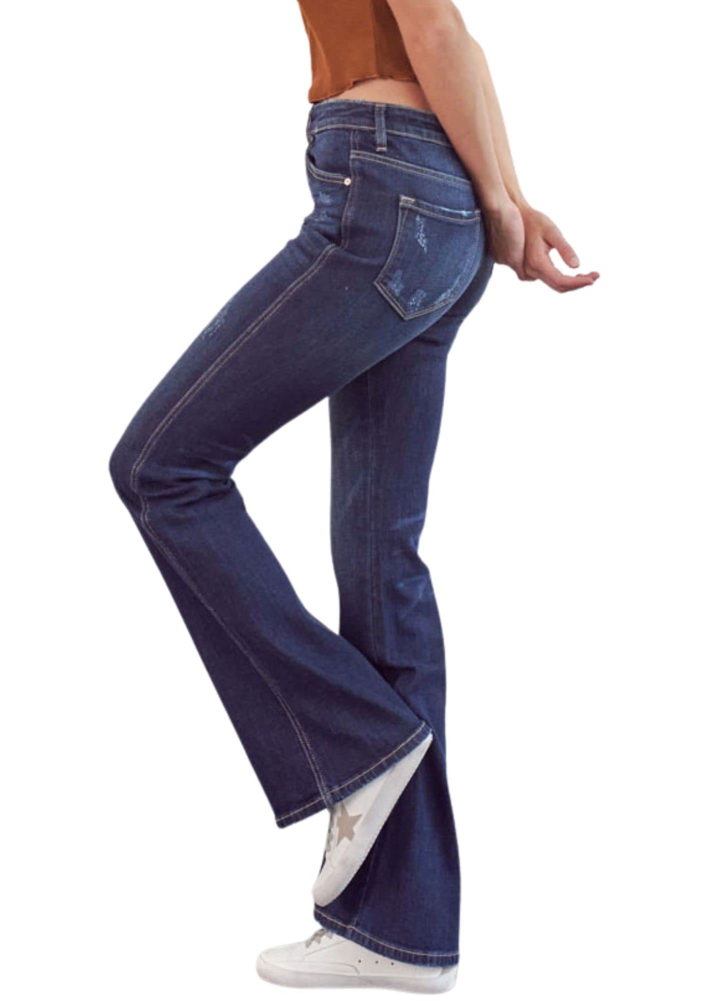 Kan Can Women's High Rise Flare Jeans - KC7340D | Vintage 70s Inspired Bootcut Denim Pants for Casual Wear & Night Out
